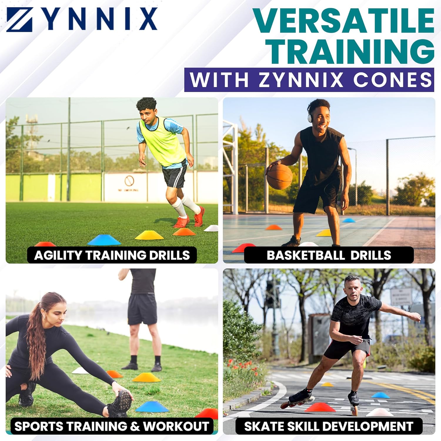 ZYNNIX Conos de fútbol (juego 40, 50) con bolsa de malla y correa, conos deportivos flexibles para fútbol, baloncesto, equipo de entrenamiento de