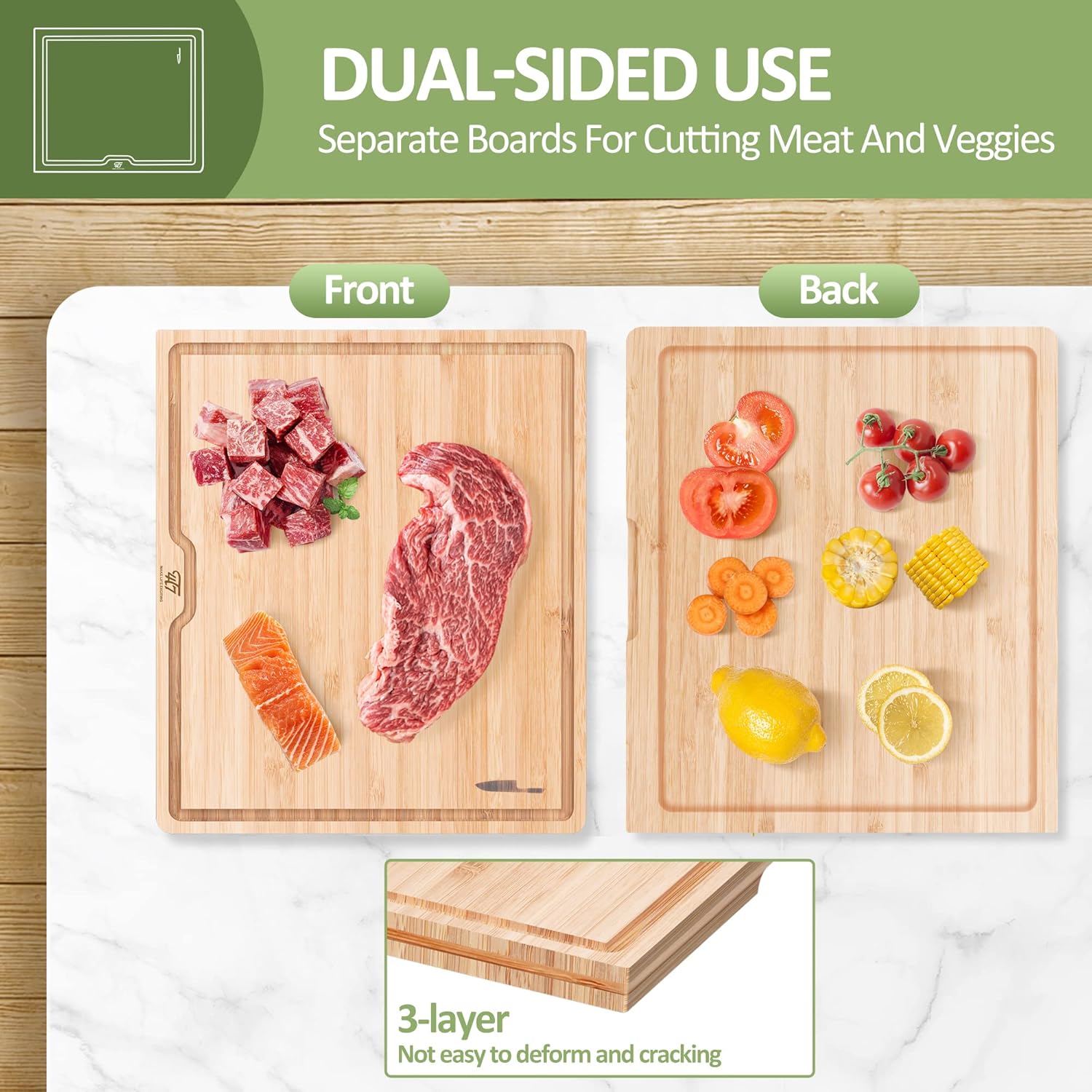 Tabla de cortar de bambú para cocina, tabla de cortar con ranura para jugo y asas, tabla de charcutería, reversible para preparación de comidas y