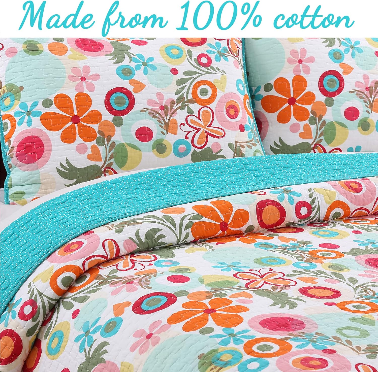 Cozy Line Home Fashions Juego de ropa de cama reversible 100% algodón reversible para niña, color rosa, verde, azul, naranja (Queen, 3 piezas 1