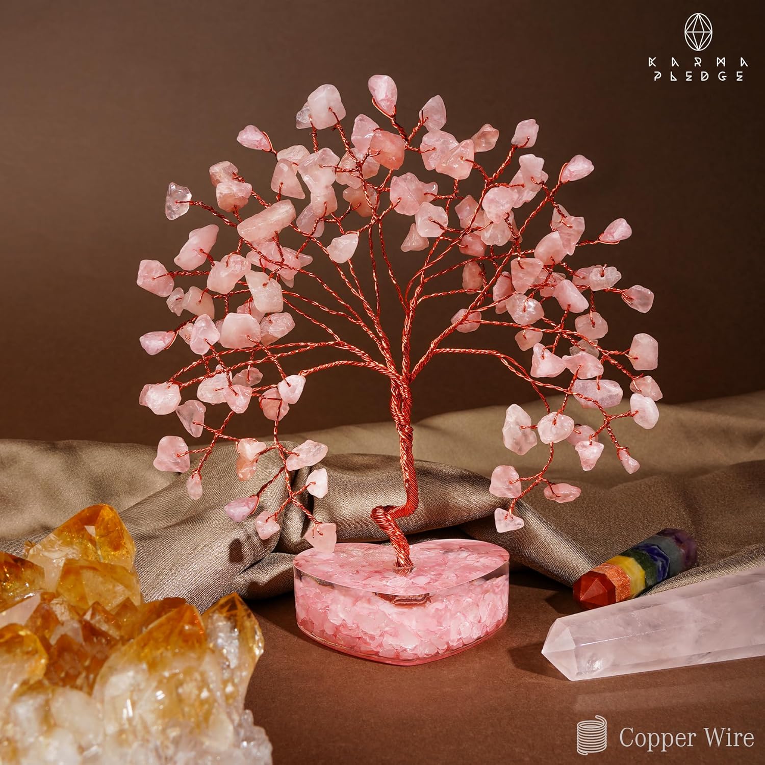 Árbol de cristal de corazón de cuarzo rosa, 7 cristales curativos de chakras, árbol de la vida, decoración de cristal hecho a mano, árboles bonsái