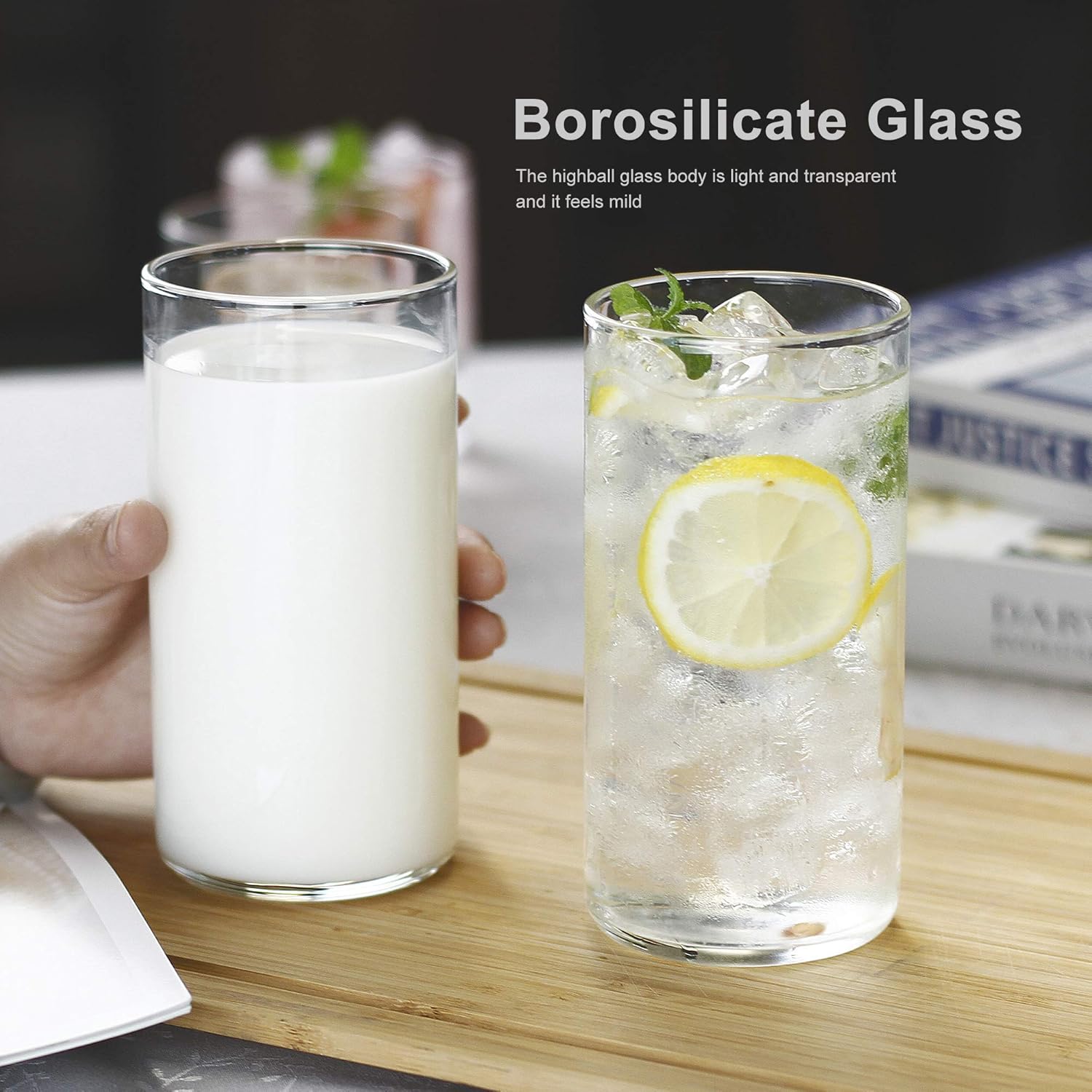BaveL Juego de 4 vasos altos finos de cóctel con tapa, vasos altos para agua, jugo, leche, cócteles, cerveza y más, cristalería de bar elegante,