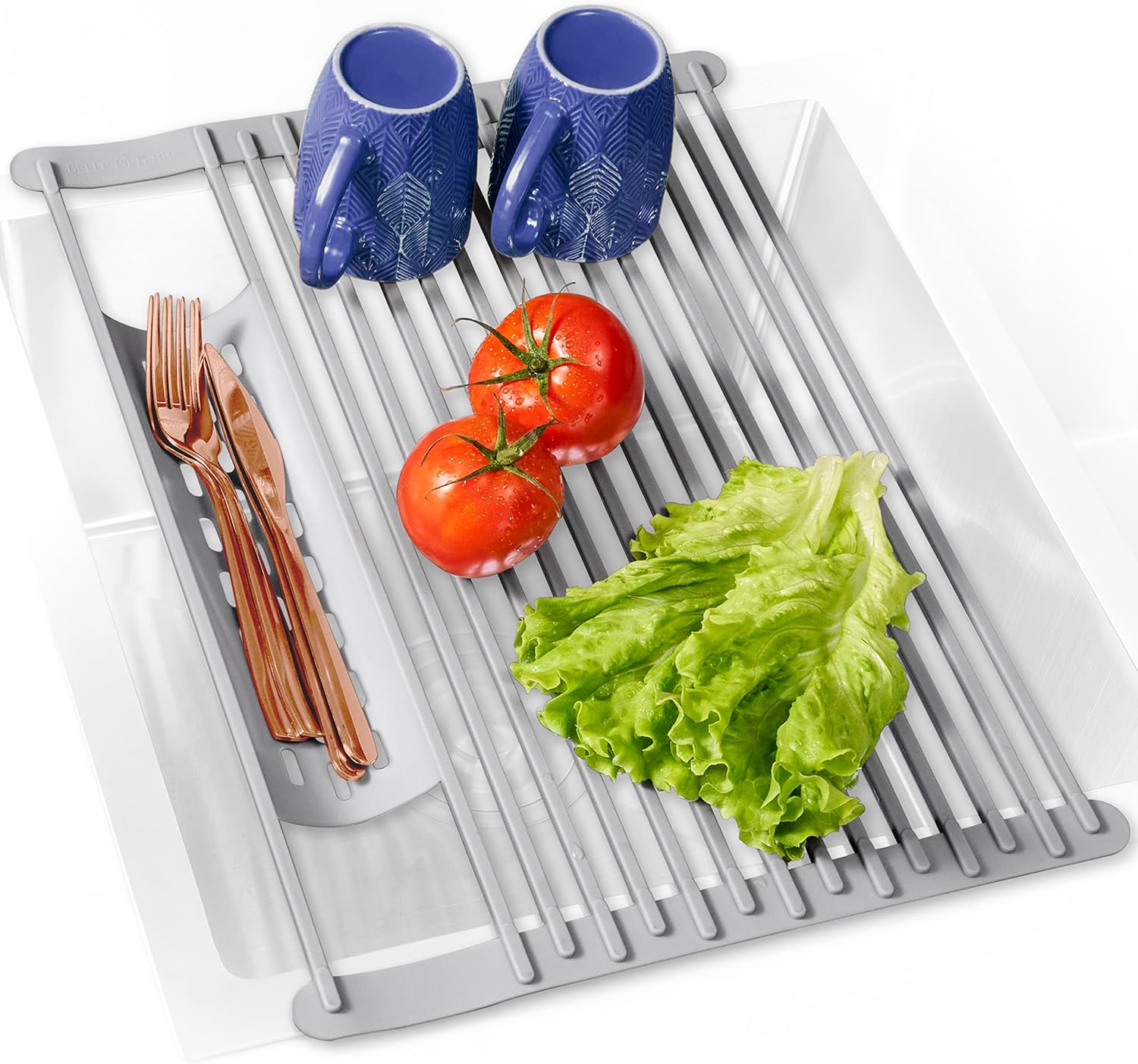 BELLE TERRE Juego de escurridor de platos enrollable y paños suecos, estante para fregadero que ahorra espacio (17.5 x 12.8 pulgadas) con bandeja
