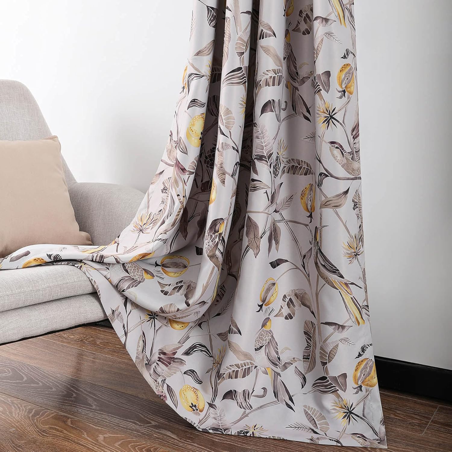 VOGOL Cortinas de poliéster insonorizadas para oscurecer la habitación, con estampado de frutas y pájaros amarillo limón, cortina con ojales para