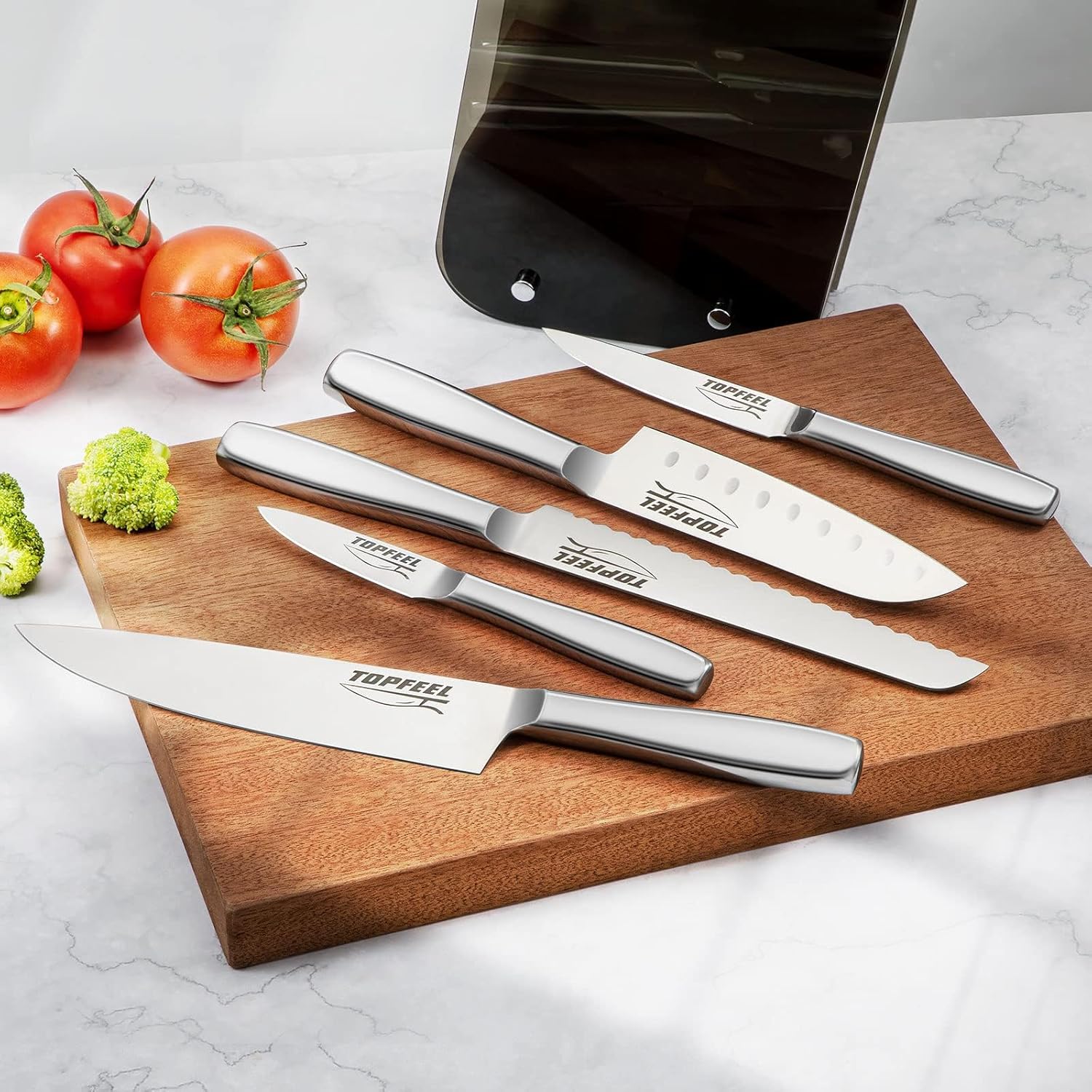 Topfeel Juego de cuchillos para cocina con bloque, juego de cuchillos afilados de 6 piezas, acero inoxidable pulido espejo de alto carbono, juego de