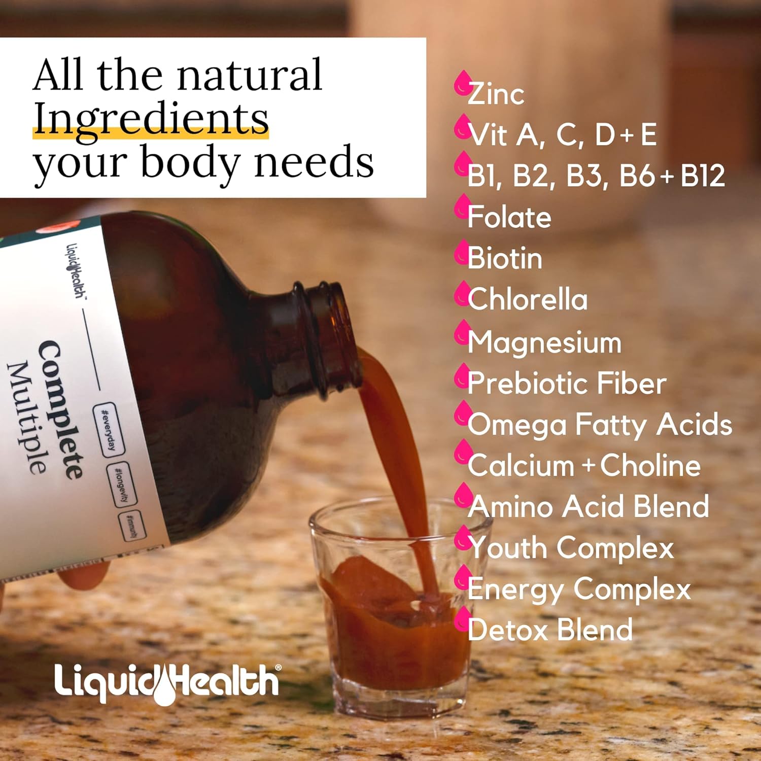 LIQUIDHEALTH Multivitamínico líquido de 32 onzas para hombres y mujeres adultos, apoyo inmunológico natural, sin OMG, vegano, sin gluten, sin