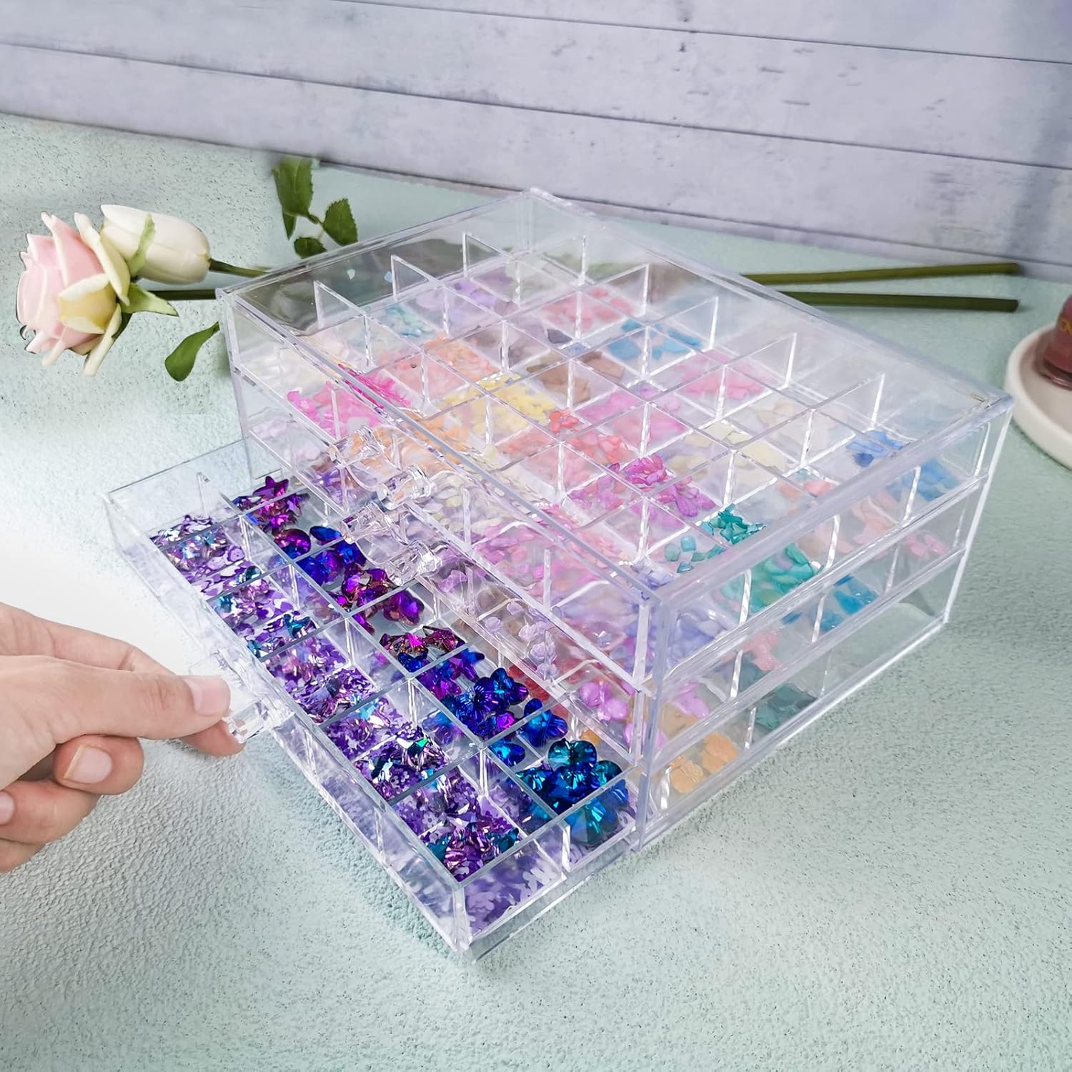Guolich Organizador de uñas de 3 niveles para 72 celosías y almacenamiento de acrílico transparente, accesorios de joyería de uñas, estuche de