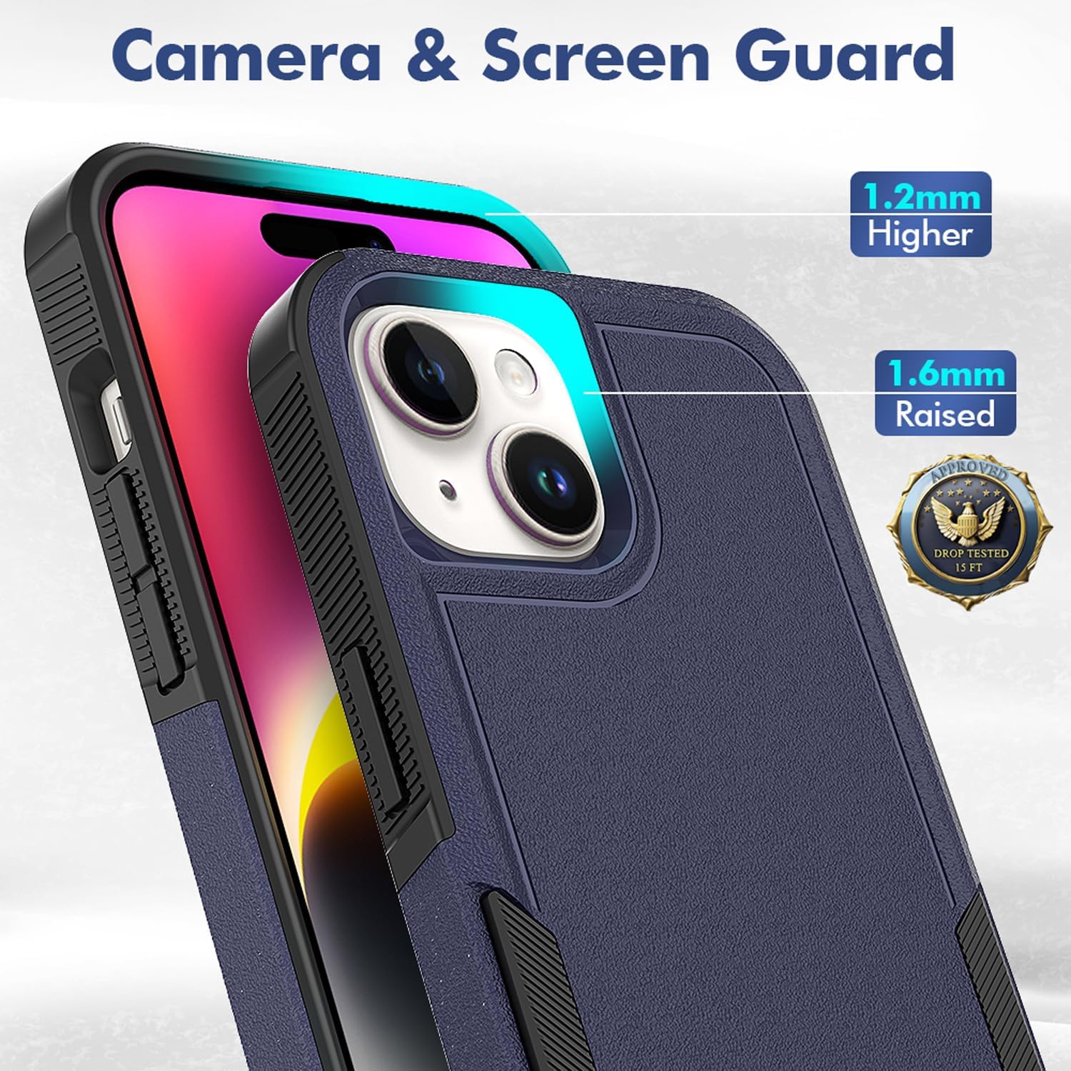 Grado militar Funda compatible con iPhone 15, probada en caídas de 15 pies, funda protectora, azul, delgada y resistente, apta para bolsillos
