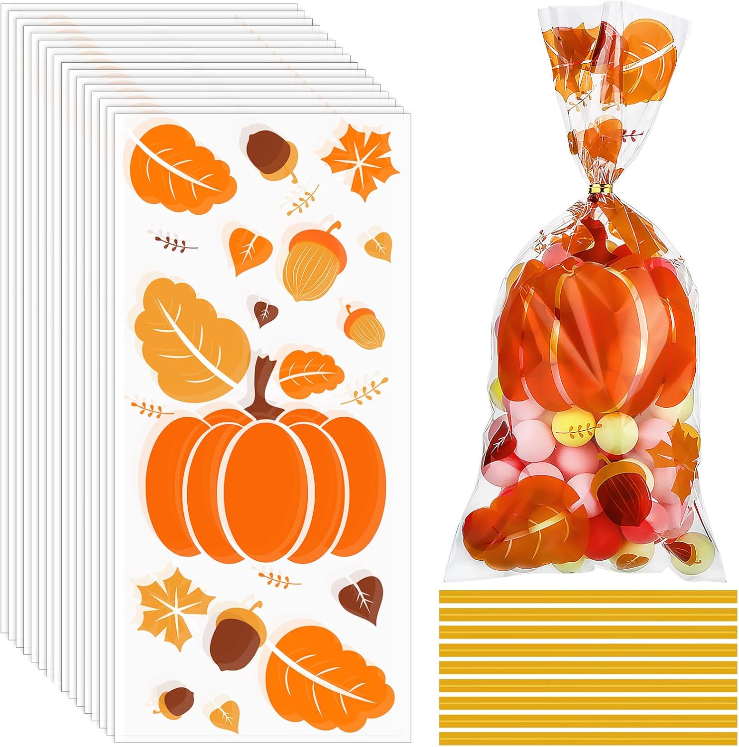100 bolsas de celofán de otoño con temática de otoño, hojas de arce, calabaza, bolsas de dulces, bolsas de golosinas de Acción de Gracias con 100