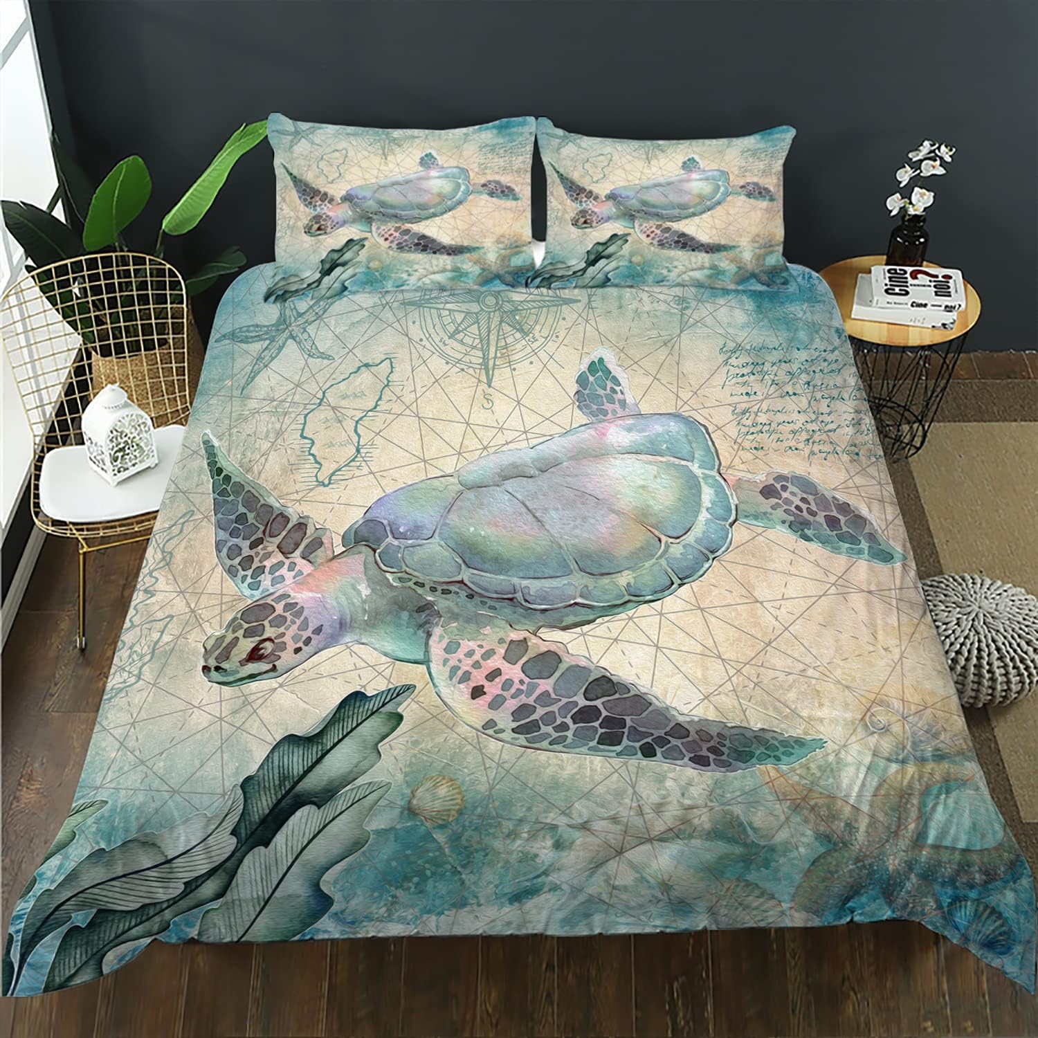 CVHOUSE Funda de edredón de tortuga marina tamaño Queen, juego de ropa de cama de tortuga marina del océano para niños y adolescentes, funda de