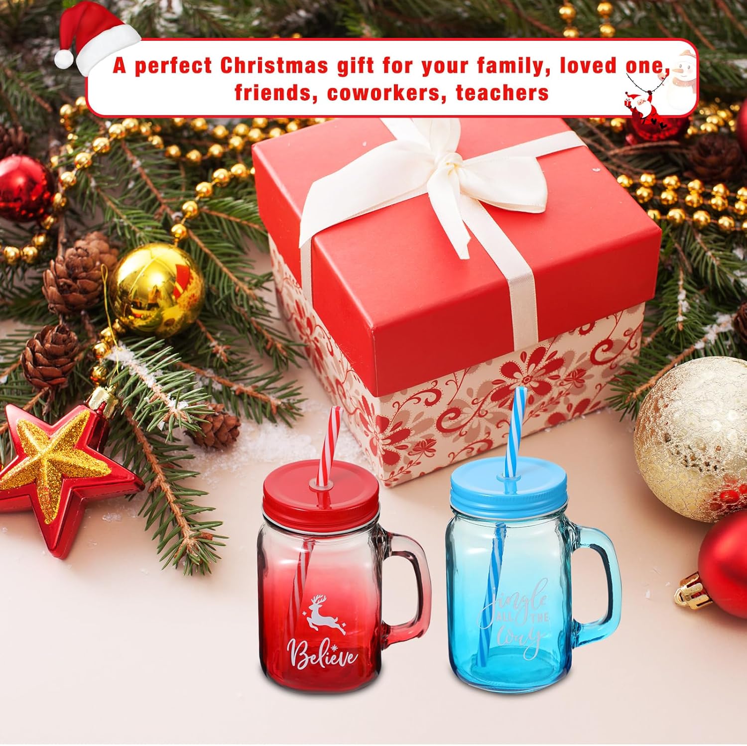 Vaso de Navidad con asa, taza de batido de 16 onzas con tapa y pajita, reutilizable, regalo de Navidad, vaso de boca grande decorativa para el