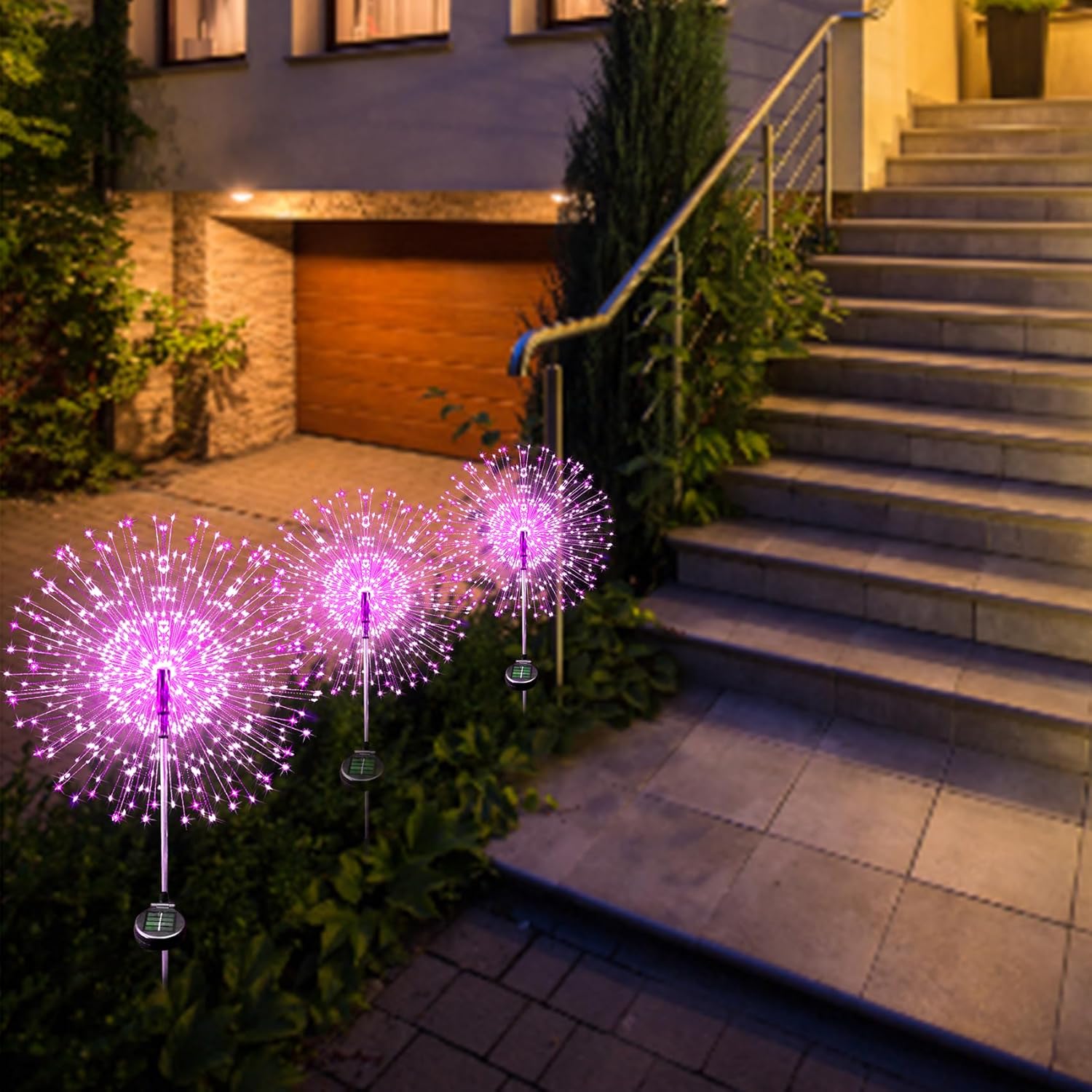 JJGoo Luces solares de jardín, luces solares de fuegos artificiales, paquete de 2, 120 LED, 2 modos de iluminación, luces solares para exteriores,