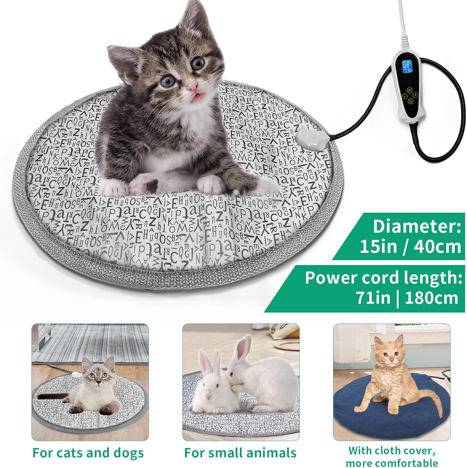Bestio Almohadilla térmica para gatos, almohadilla térmica para perros de 15 pulgadas, almohadilla térmica eléctrica para cachorros con termostato