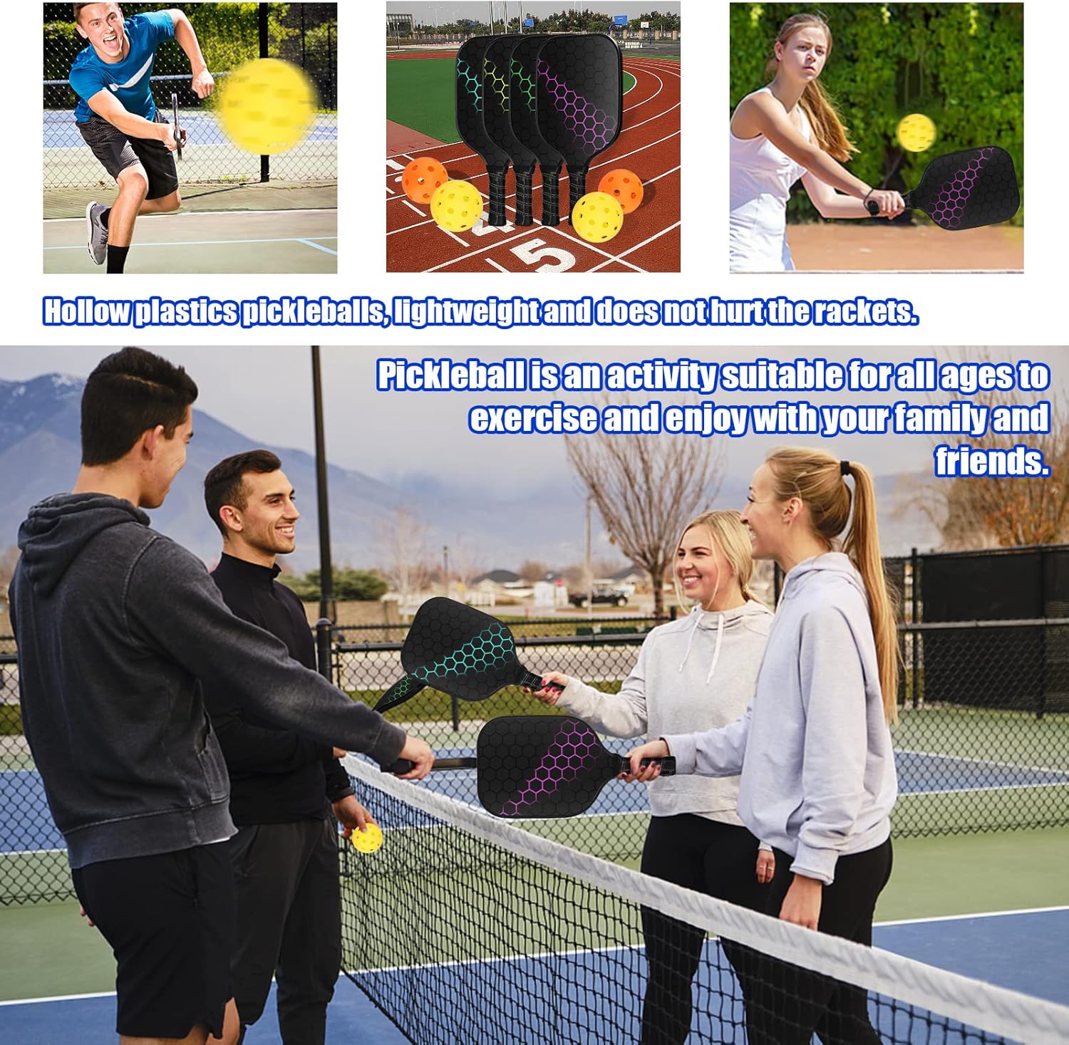 Doorslay Juego de 4 palas de pickleball ligeras, juego de paletas de pickleball, 4 bolas de pickleball, 4 toallas de enfriamiento y bolsa de