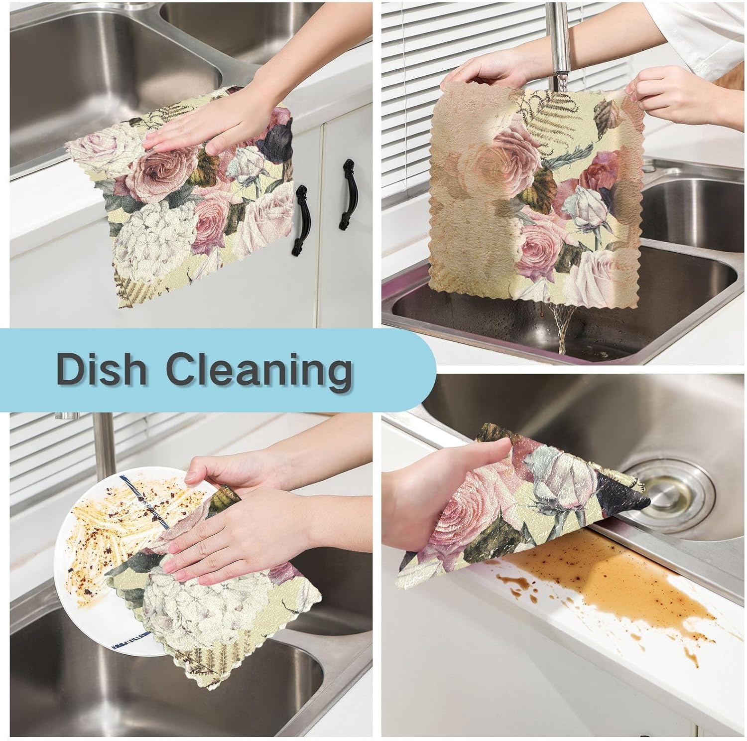 KLL Paños de limpieza de microfibra de acuarela con patrón floral sin costuras de rosas, toalla de té, toallas de mano para cocina, paños de cocina