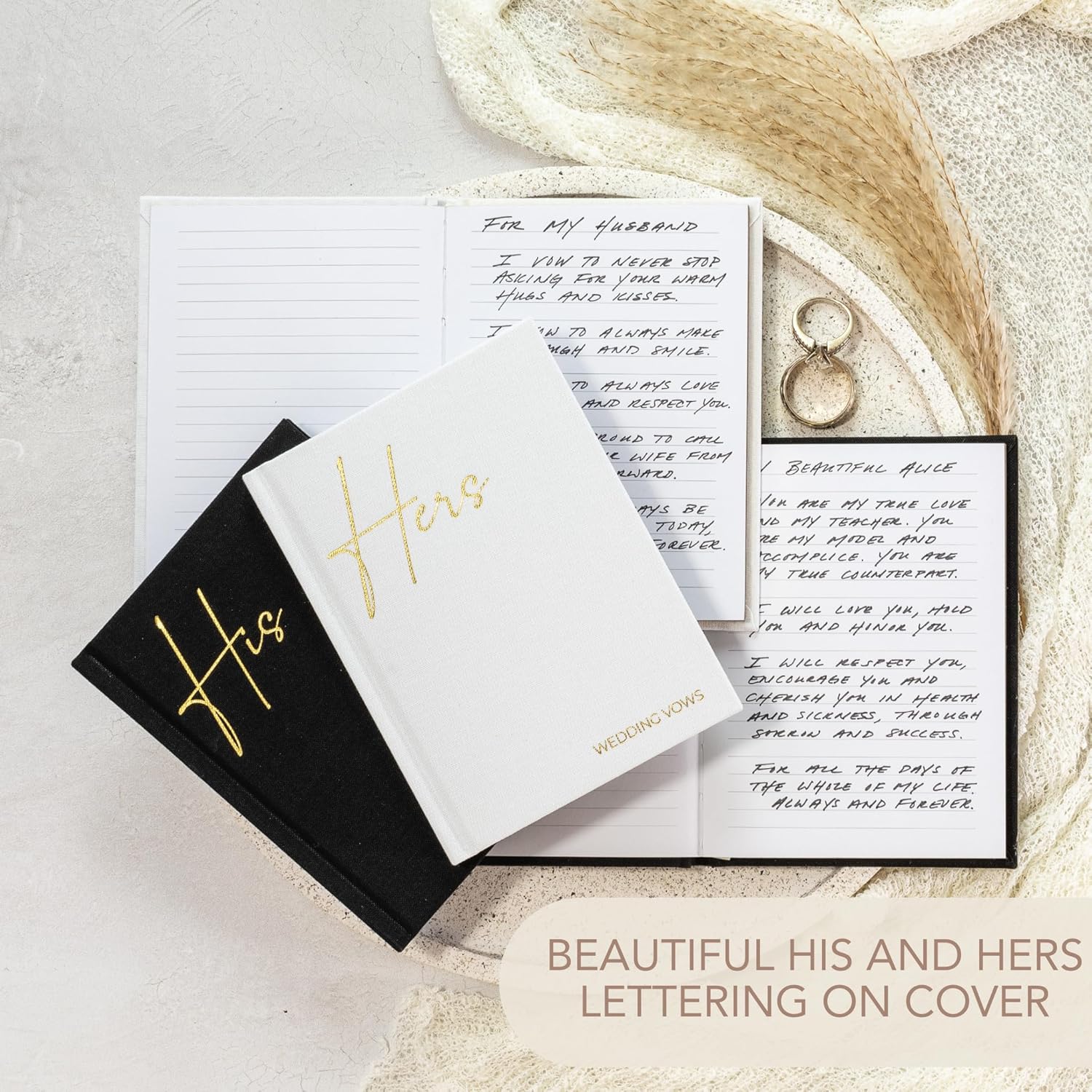 Elegantes libros de votos de boda de lino con letras de lámina dorada, libros de juramentos de tamaño perfecto para él y para ella con muchas