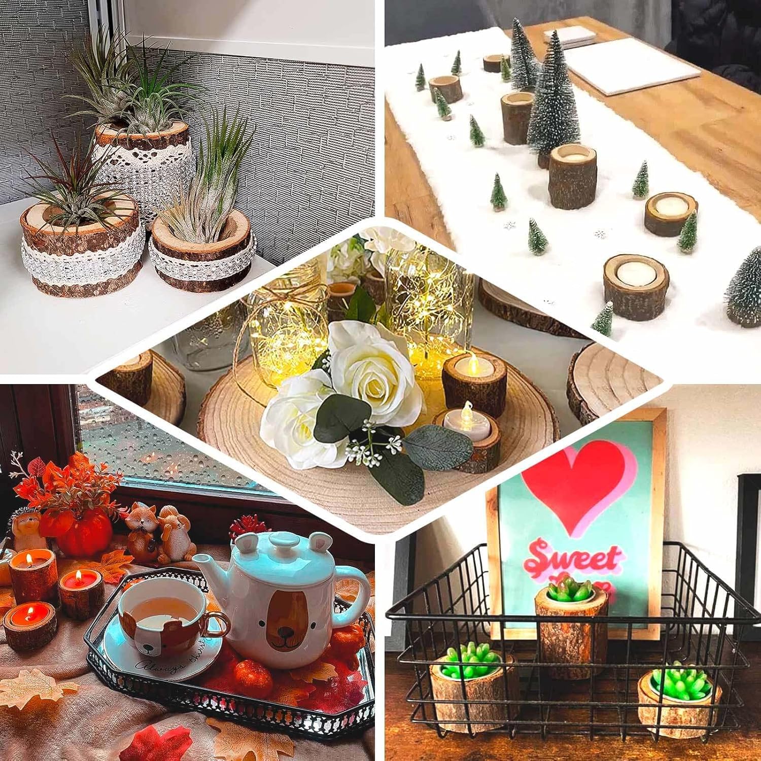 Efavormart – Juego de 3 portavelas votivos con rodajas de madera de granja, decoración de mesa de boda con rama de árbol rústico, 2.75 pulgadas, 1.5