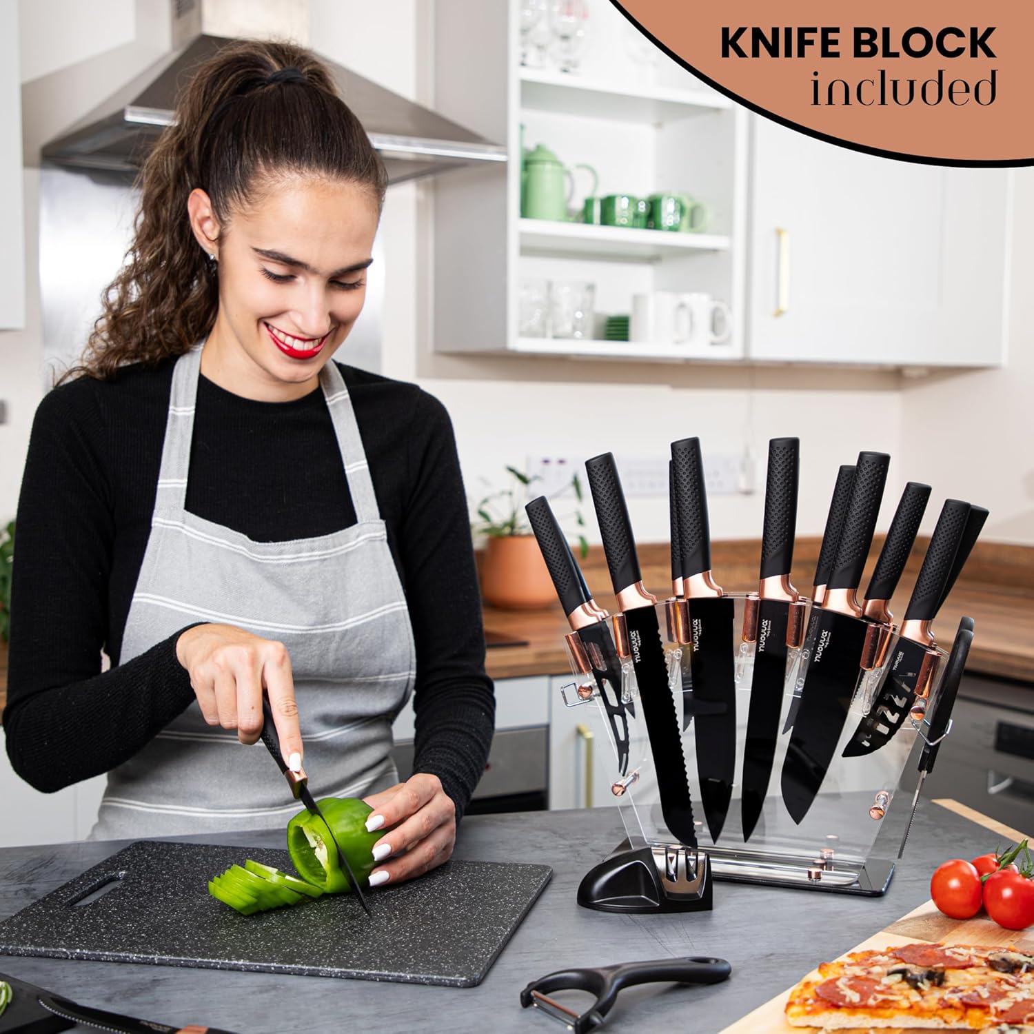 nuovva Juego de cuchillos de cocina profesionales con bloque, juego de cuchillos de cobre de 17 piezas con cuchillos para carne, bloque de acrílico