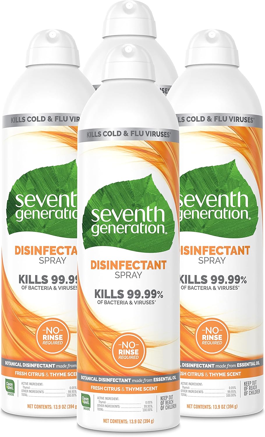 Seventh Generation Spray desinfectante, aroma cítrico fresco y tomillo, 13.9 onzas (paquete de 4)