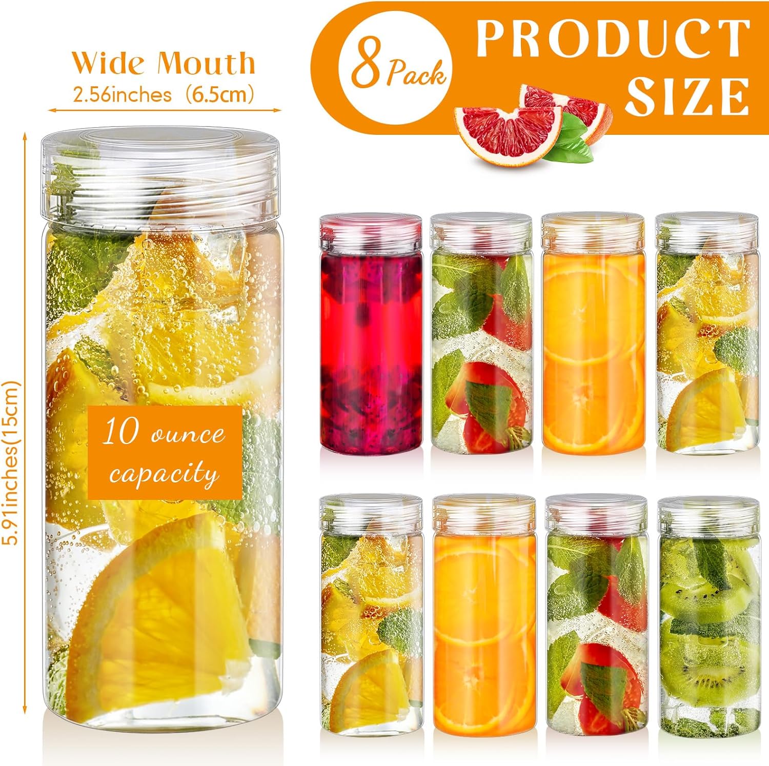 8 botellas de agua de vidrio de boca ancha con tapas, botellas de jugo reutilizables, recipientes de vidrio a prueba de fugas para líquidos, frascos