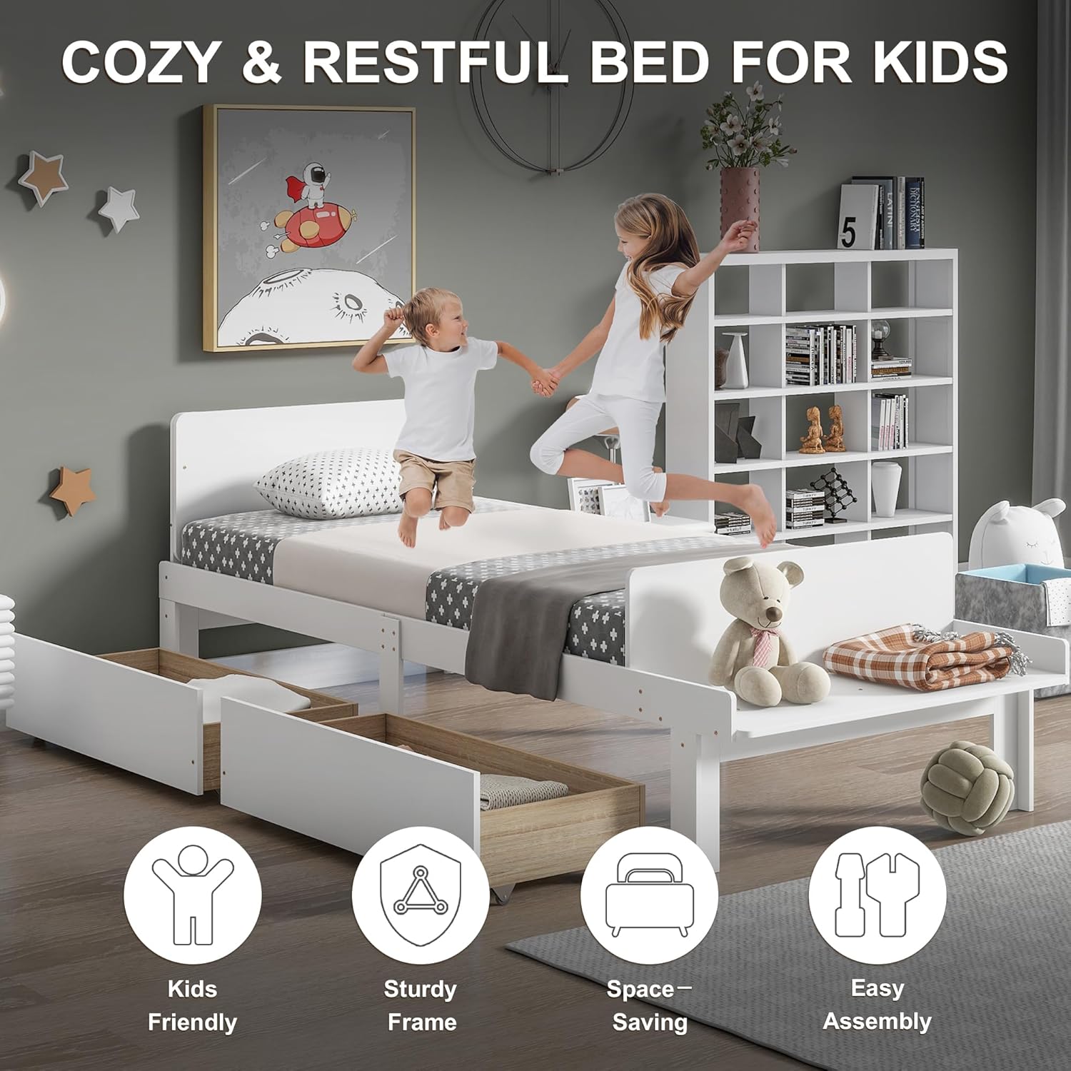 Dolonm Base de cama individual para niños con 2 cajones, plataforma de almacenamiento con banco de estribo, marco de cama individual para niños,