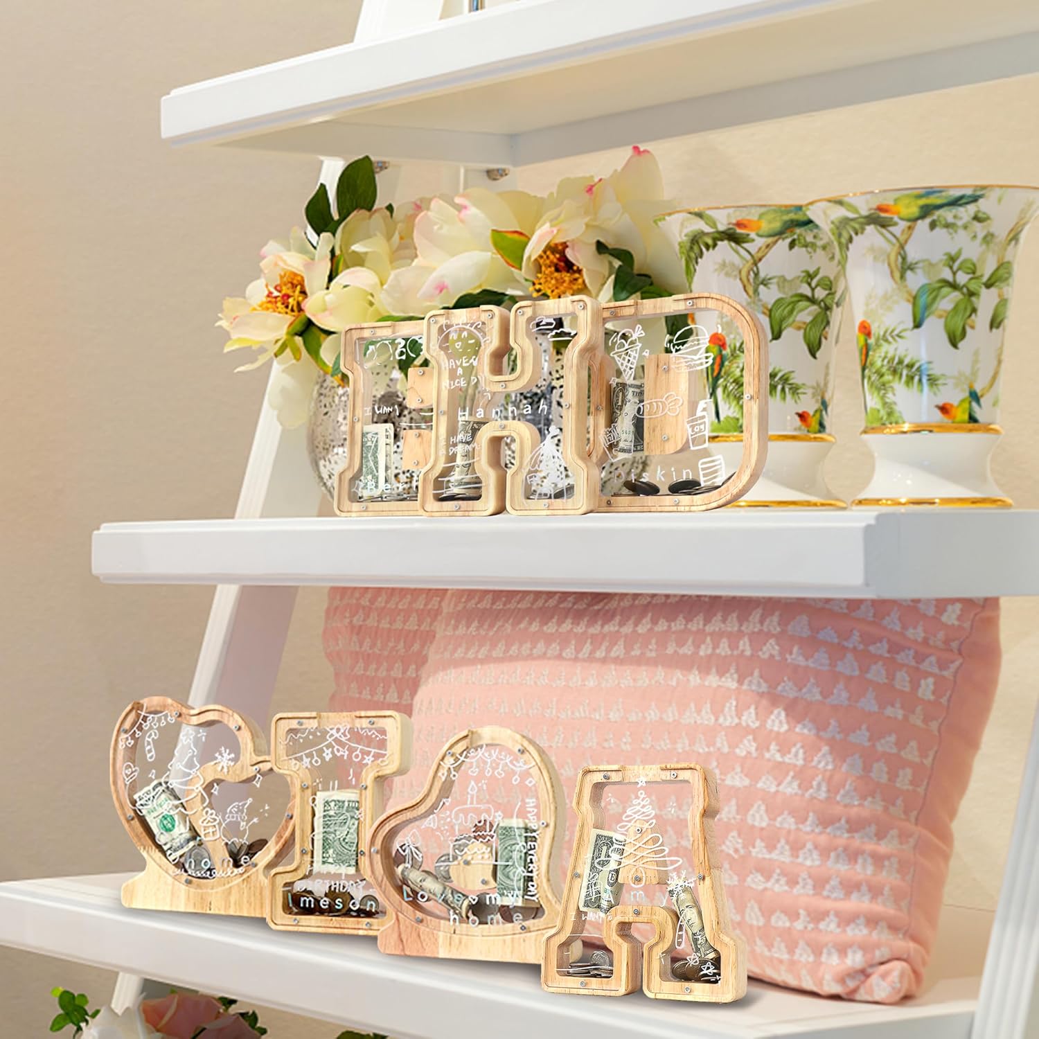 Alcancía con letras para niños y niñas, de madera personalizada de la A a la Z, banco de billetes del alfabeto transparente, para decoración de