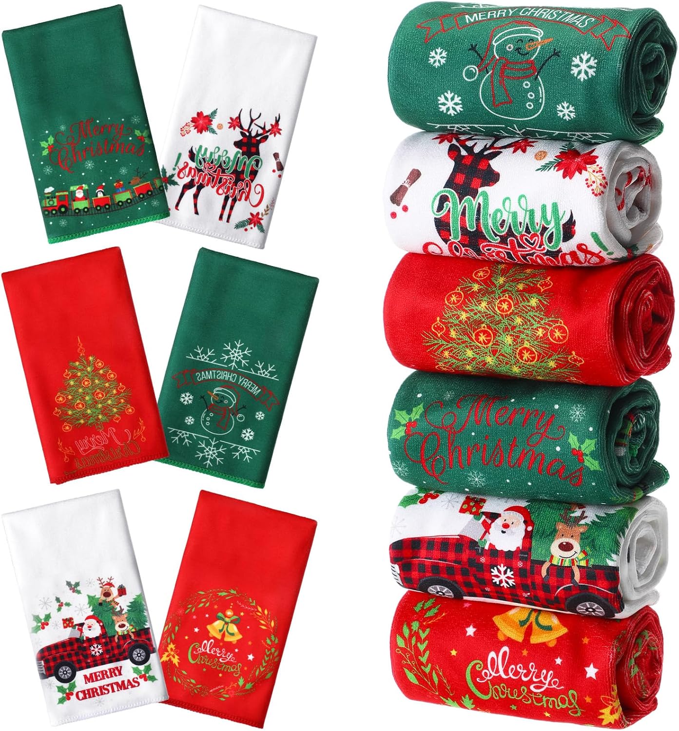 Macarrie 12 toallas de mano navideñas de Navidad, Papá Noel, reno, muñeco de nieve, árbol, a cuadros, bordadas, toallas de algodón absorbentes, 13 x