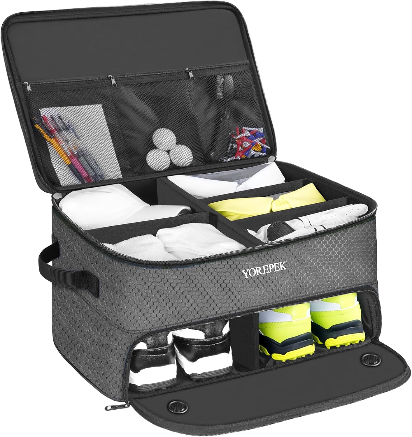 YOREPEK Organizador de maletero de golf de 2 capas, casillero de golf impermeable con compartimento ventilado separado para 2 pares de zapatos,