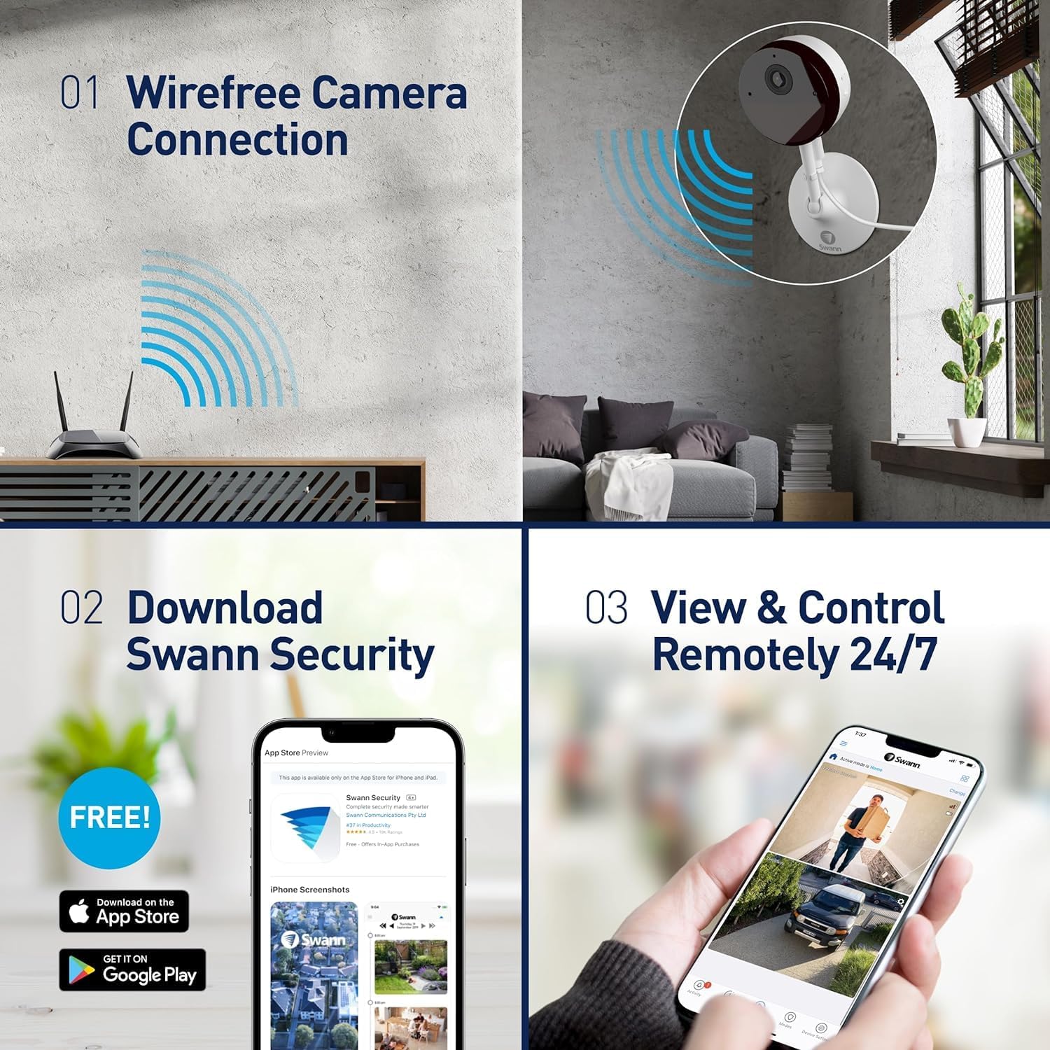 Swann Cámara de seguridad con monitor de bebé Wi-Fi, cámaras de vigilancia para el hogar 2K Quad HD con visión nocturna, conversación de 2 vías,