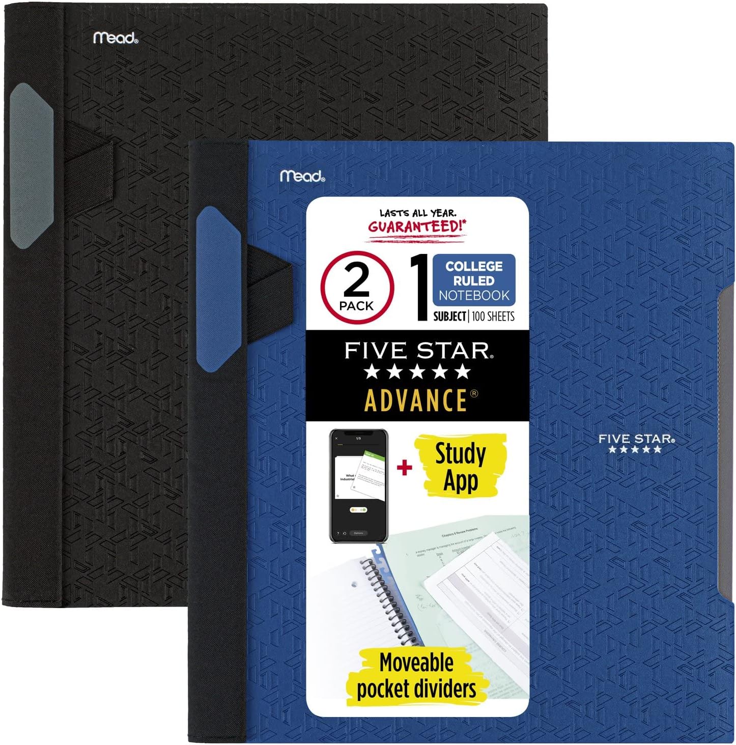 Five Star Advance 820112 – Cuadernos en espiral + aplicación de estudio, 2 unidades, 1 materia, papel rayado universitario, 11 x 8-12 pulgadas, 100