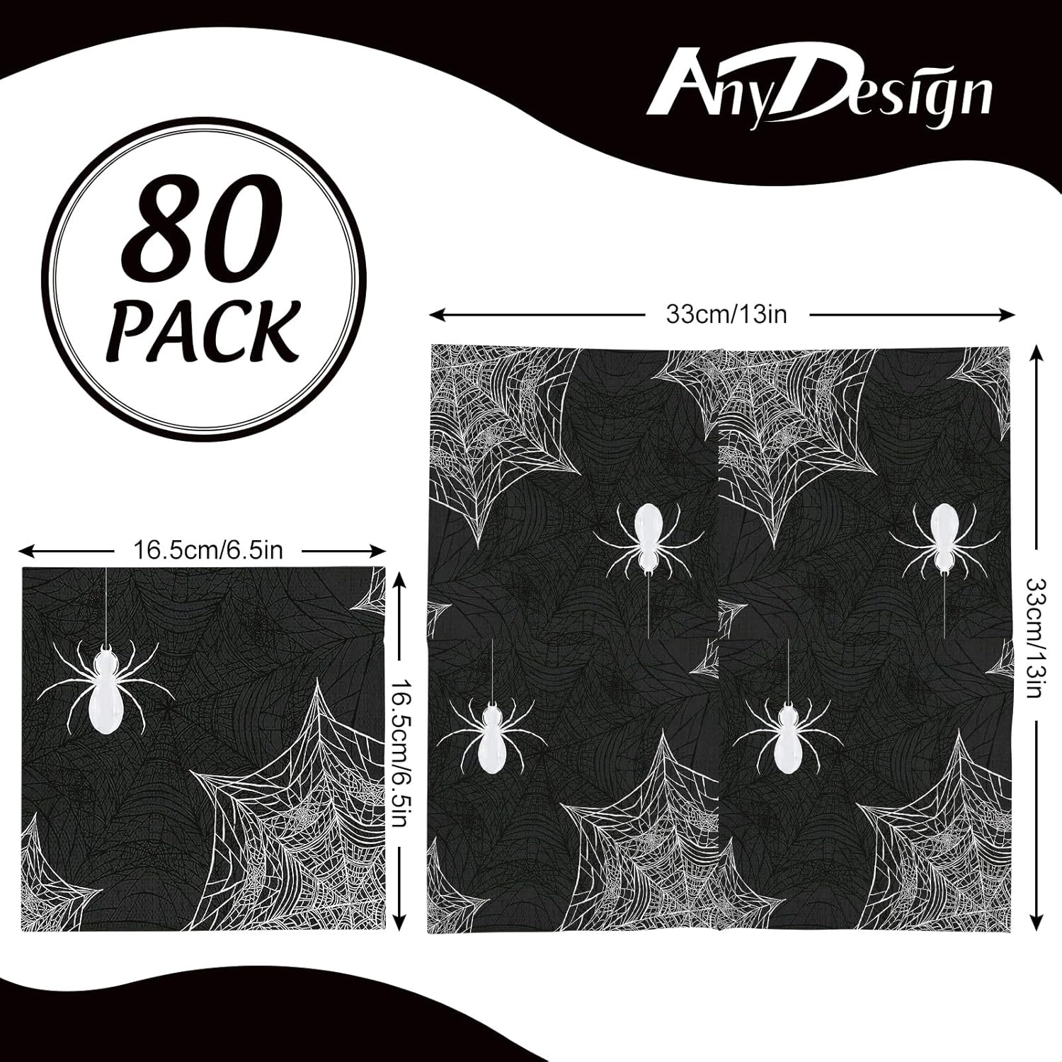 AnyDesign Paquete de 80 servilletas de papel de Halloween de 6.5 x 6.5 pulgadas, servilletas de papel de telaraña negras y blancas, servilletas de