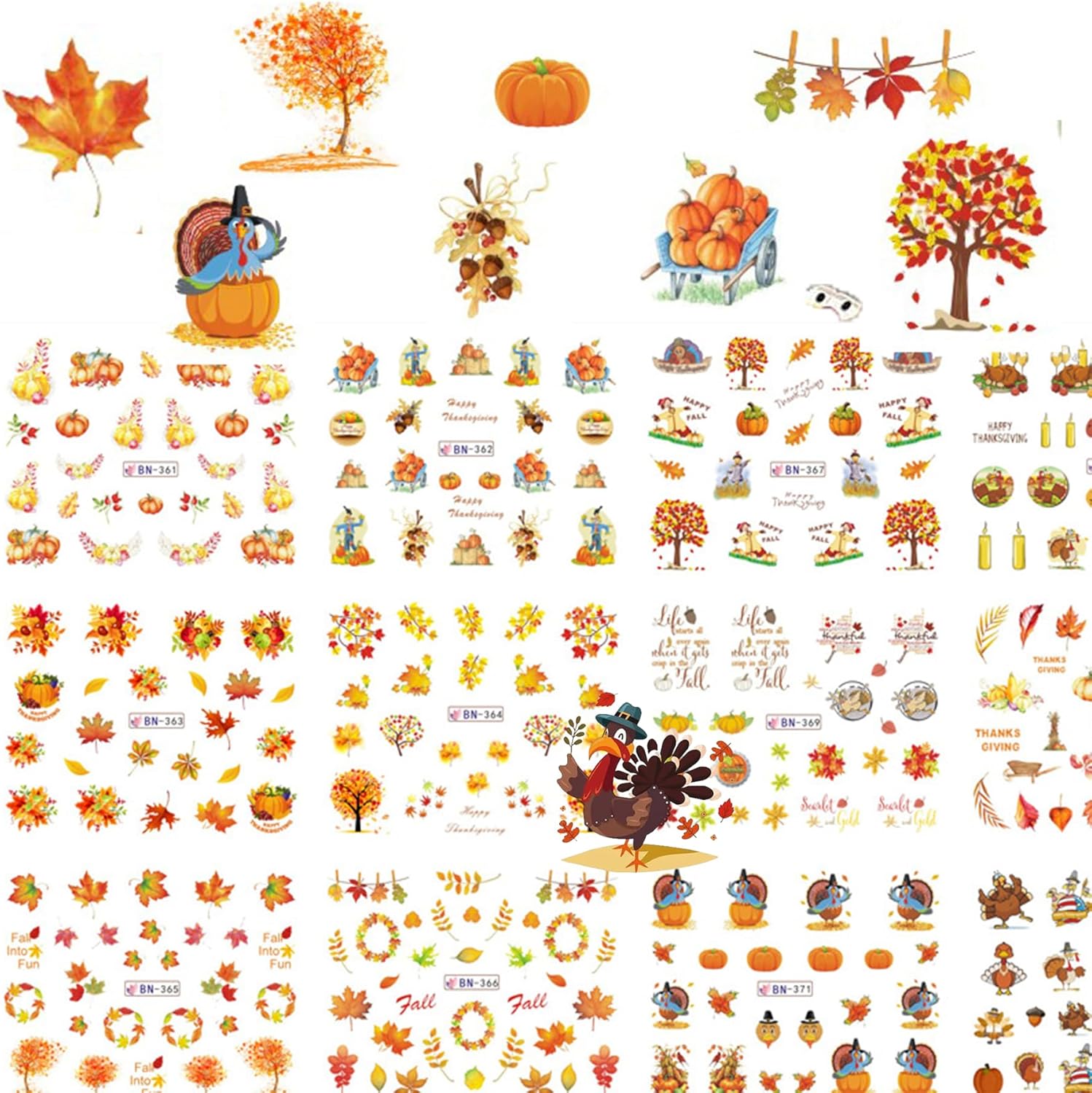 Calcomanías de arte de uñas de otoño, suministros de uñas de transferencia de agua de otoño, calcomanías de uñas con diseño de calabazas, ginkgo y