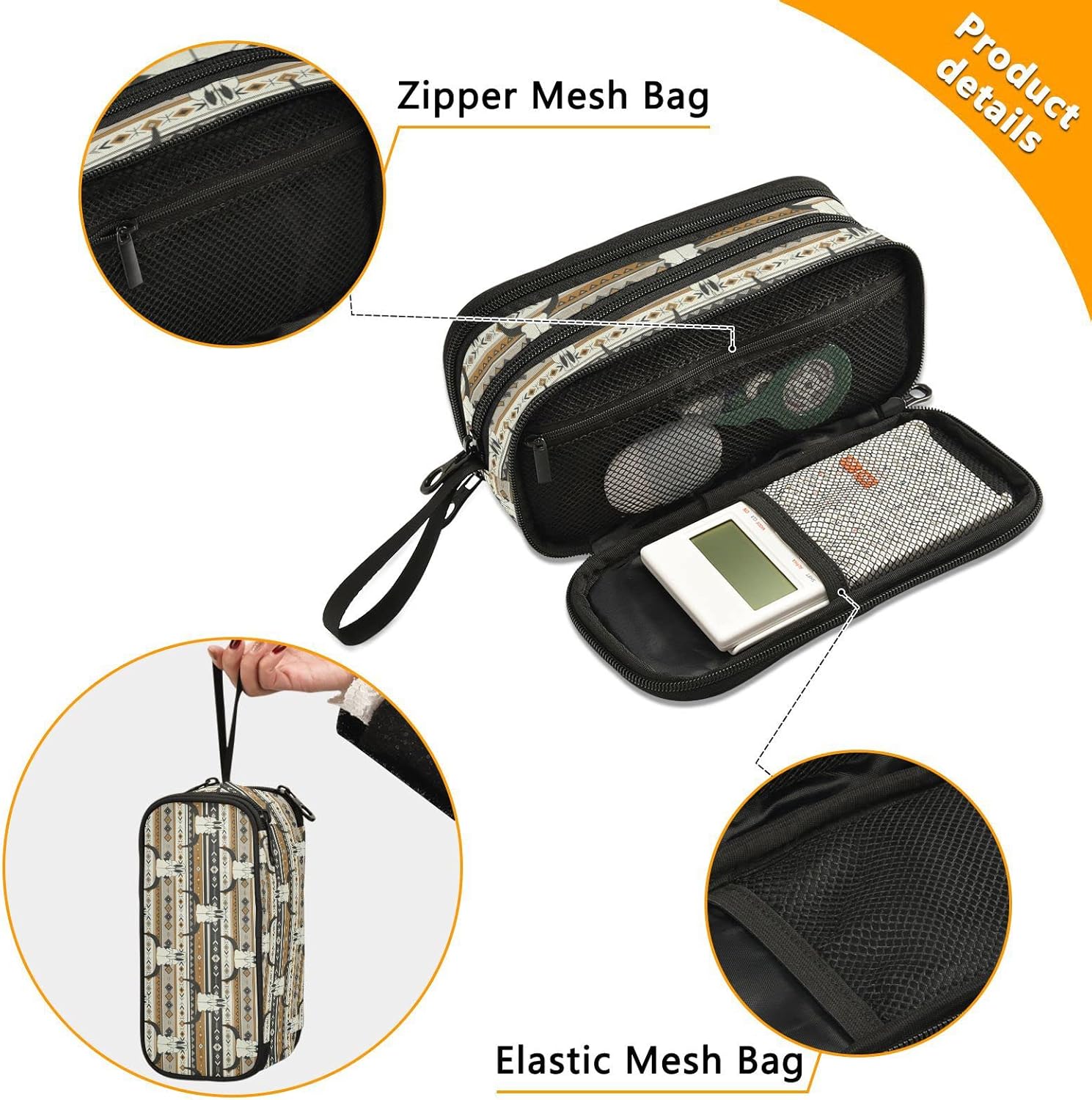 Fisyme Western Boho – Estuche para lápices de calaveras de toro de gran capacidad, estuche de maquillaje, organizador de papelería para escuela,