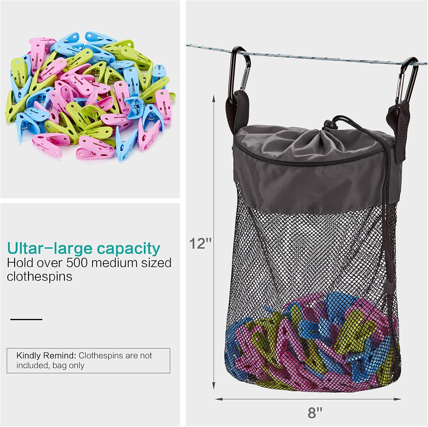 HOMEST Bolsa de malla para colgar ropa con cordón, organizador de almacenamiento con gancho, lavable a máquina, color negro