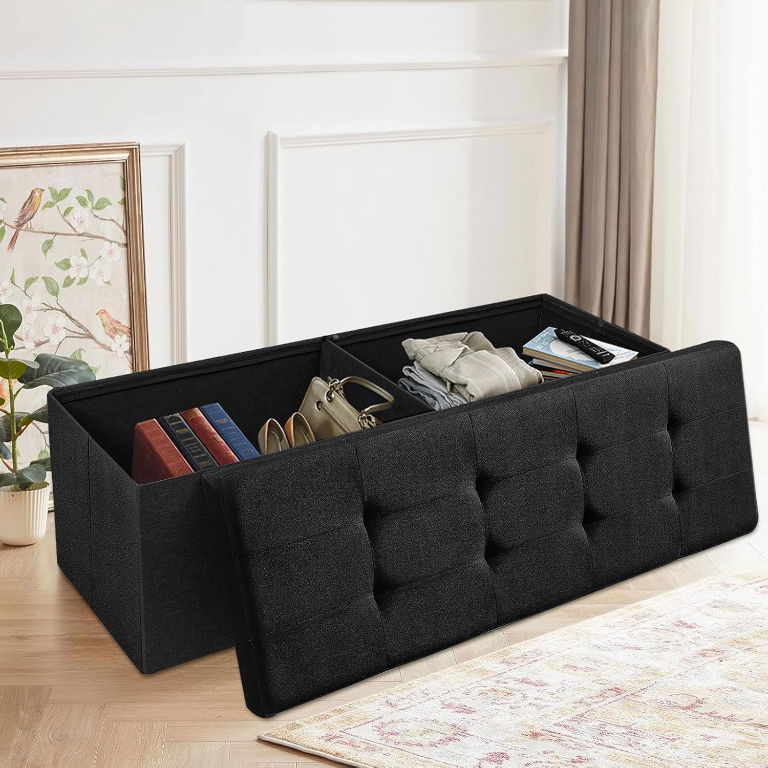 Banco otomano plegable de almacenamiento de 43 pulgadas para sala de estar, dormitorio, entretenimiento de televisión, banco de dormitorio con
