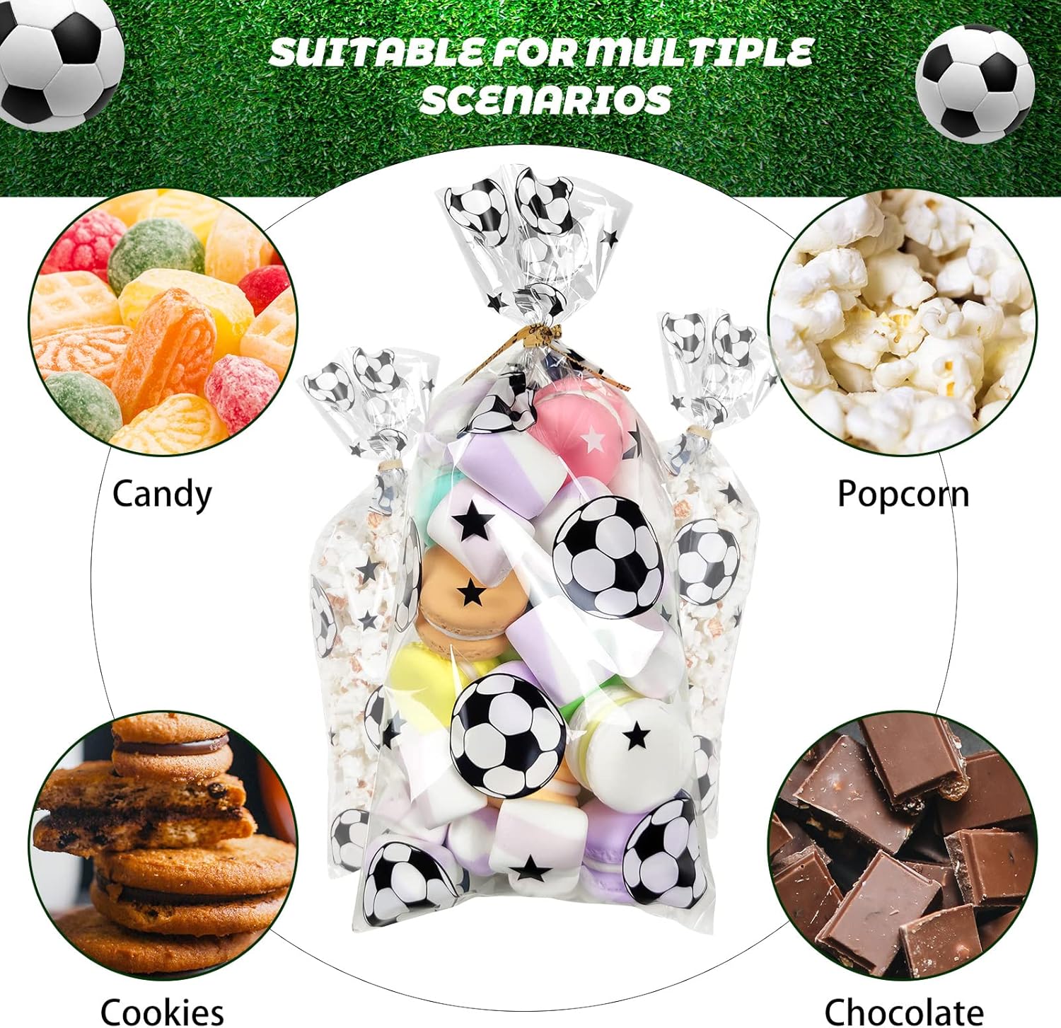 Paquete de 100 bolsas de regalo de celofán, bolsas de regalo transparentes de fútbol a granel con aperitivo de galletas de caramelo, suministros de