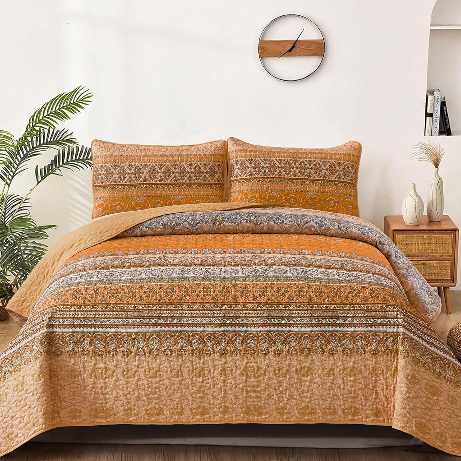 Juego de edredón bohemio tamaño Queen, colcha con estampado de rayas bohemias para todas las estaciones, juego de ropa de cama de microfibra ligera