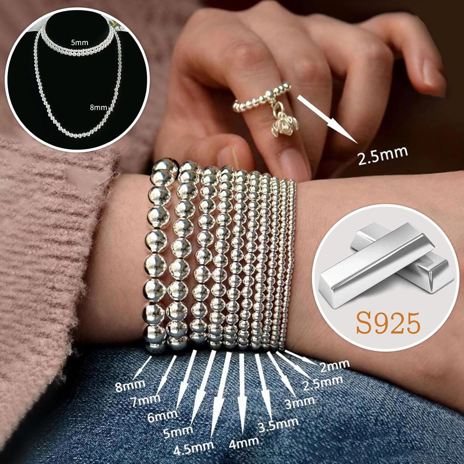 Ofiuny Cuentas de plata de ley 925 genuinas para hacer joyas, 100 cuentas redondas lisas de 0.098 pulgadas (0.098 in), cuentas espaciadoras de bolas