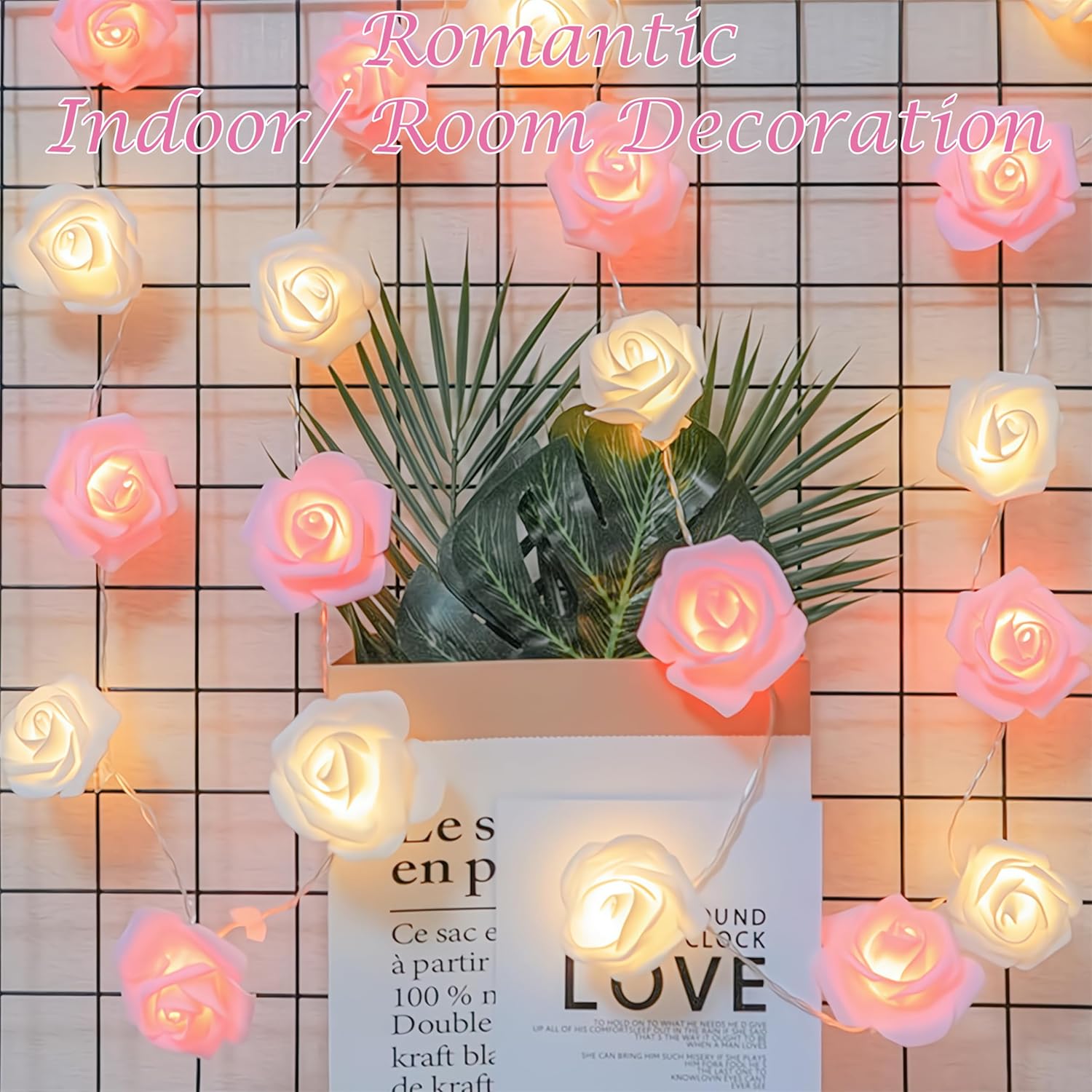 Guirnalda de luces de flores de rosas a pilas con control remoto, luces de hadas de 9.84 pies, 20 LED, 8 modos de flor, para bodas, fiestas, día de