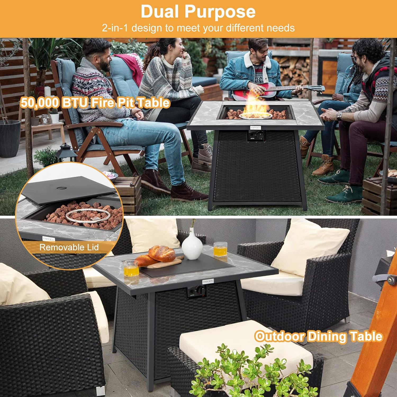 Tangkula Patiojoy – Mesa para fogata de gas propano de ratán de 35 pulgadas, 50,000 BTU para exteriores, con tapa, rocas de lava y cubierta de PVC,