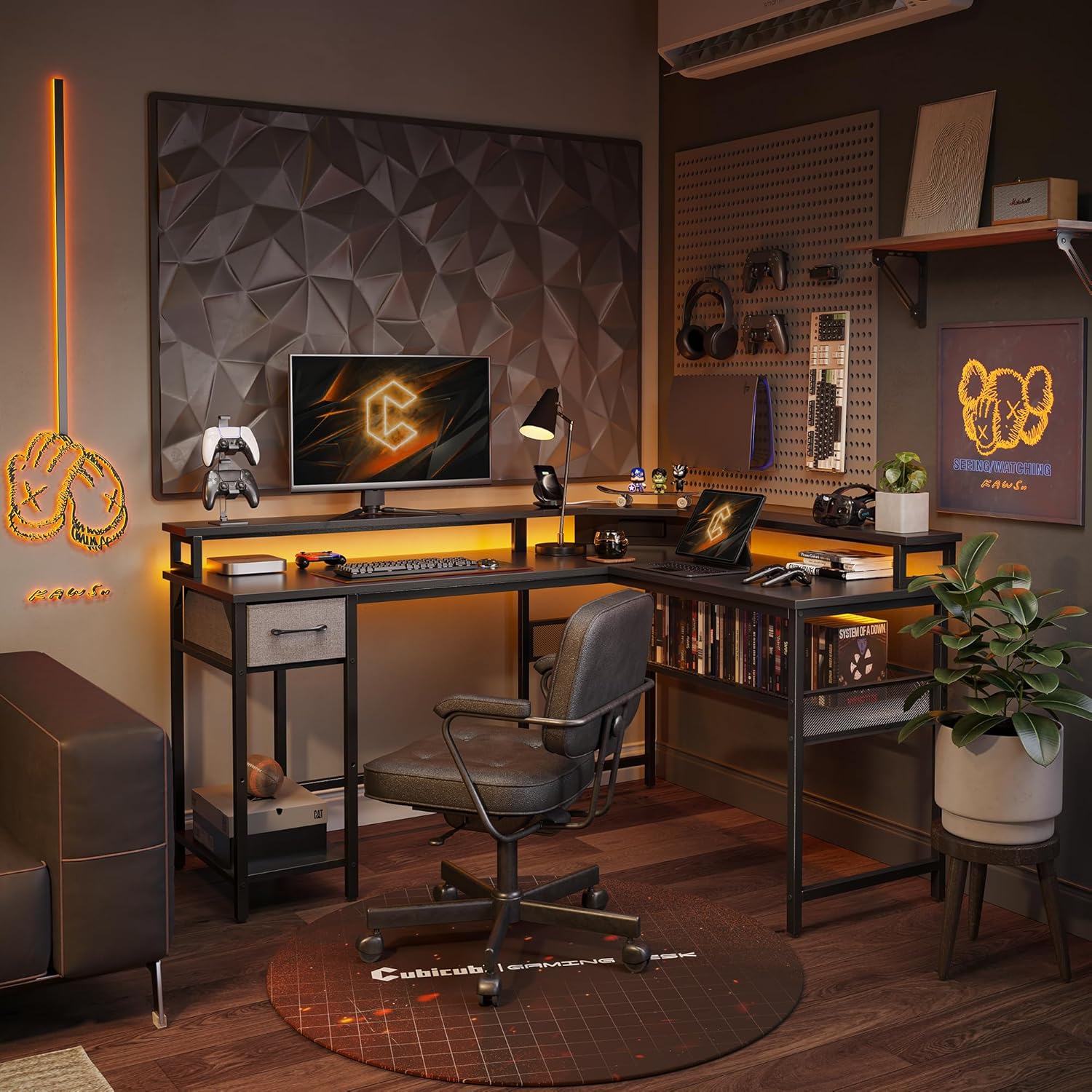 CubiCubi Escritorio para juegos en forma de L con luces LED y tomas de corriente, escritorio esquinero reversible de 58 pulgadas con estantes de