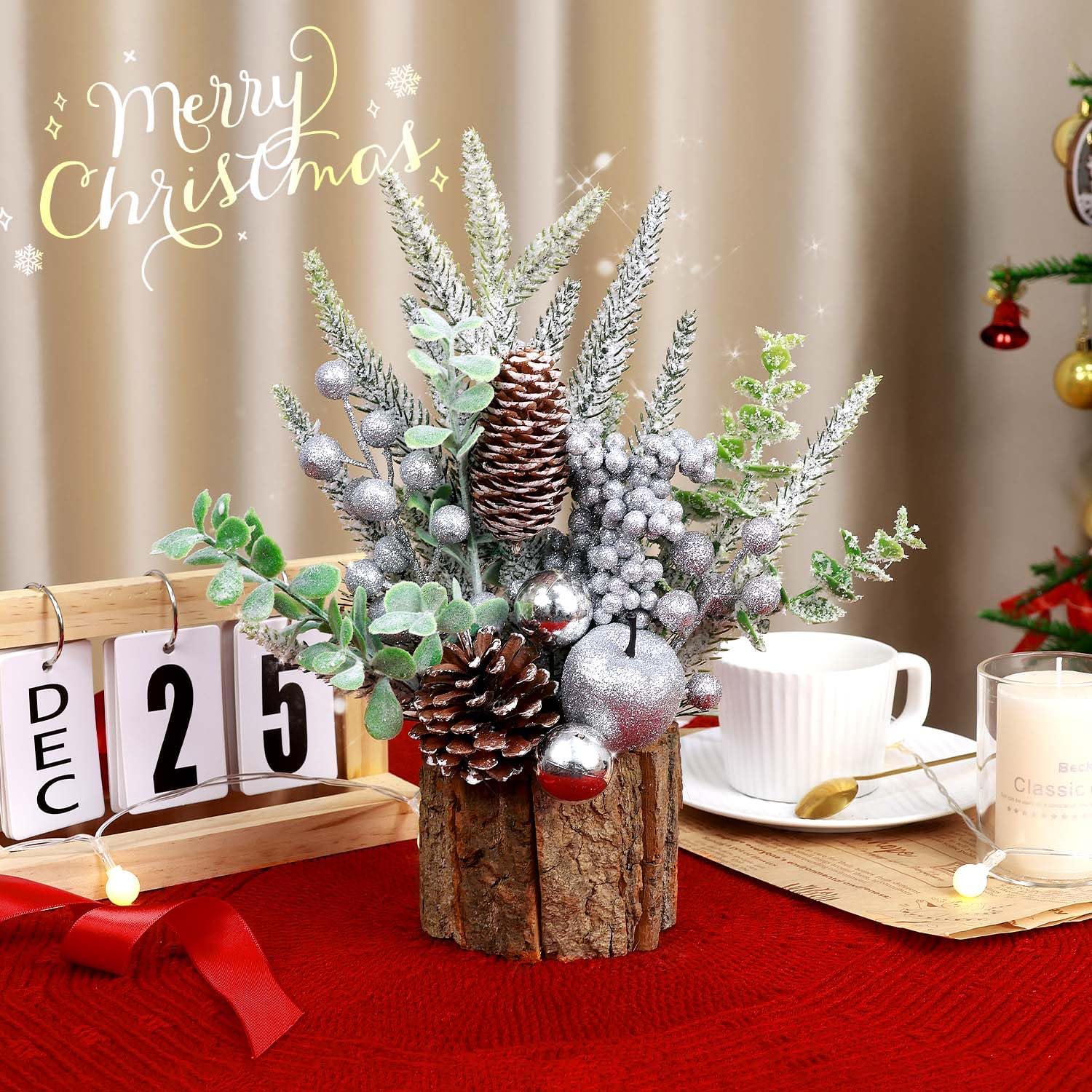 Pequeño árbol de Navidad artificial de mesa, mini decoración de árbol de Navidad con adornos navideños, conos de pino de bayas rojas, vegetación
