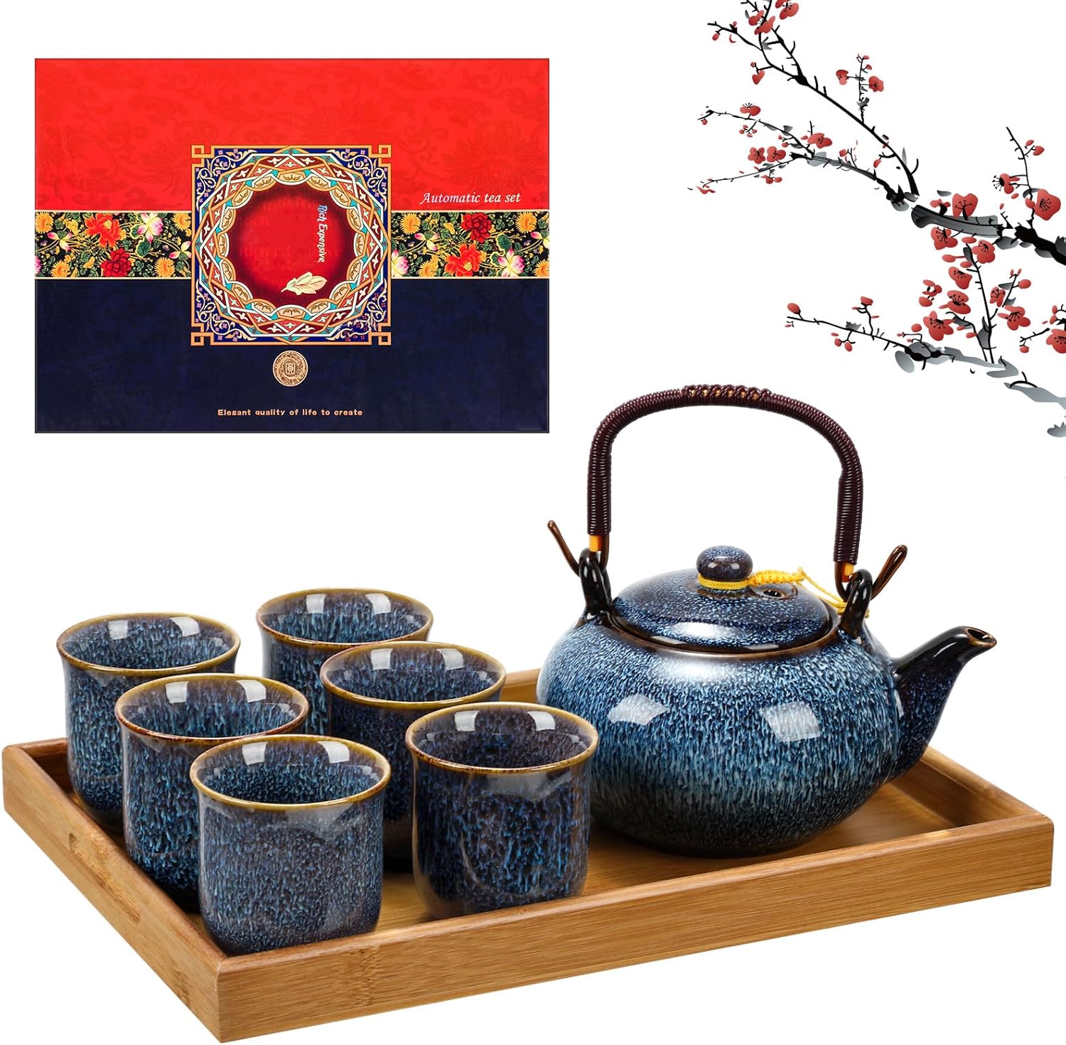 Juego de té asiático en caja de regalo, juego de té japonés con 1 tetera, 6 tazas de té, 1 bandeja de té, tradicional, azul, portátil, japonés,