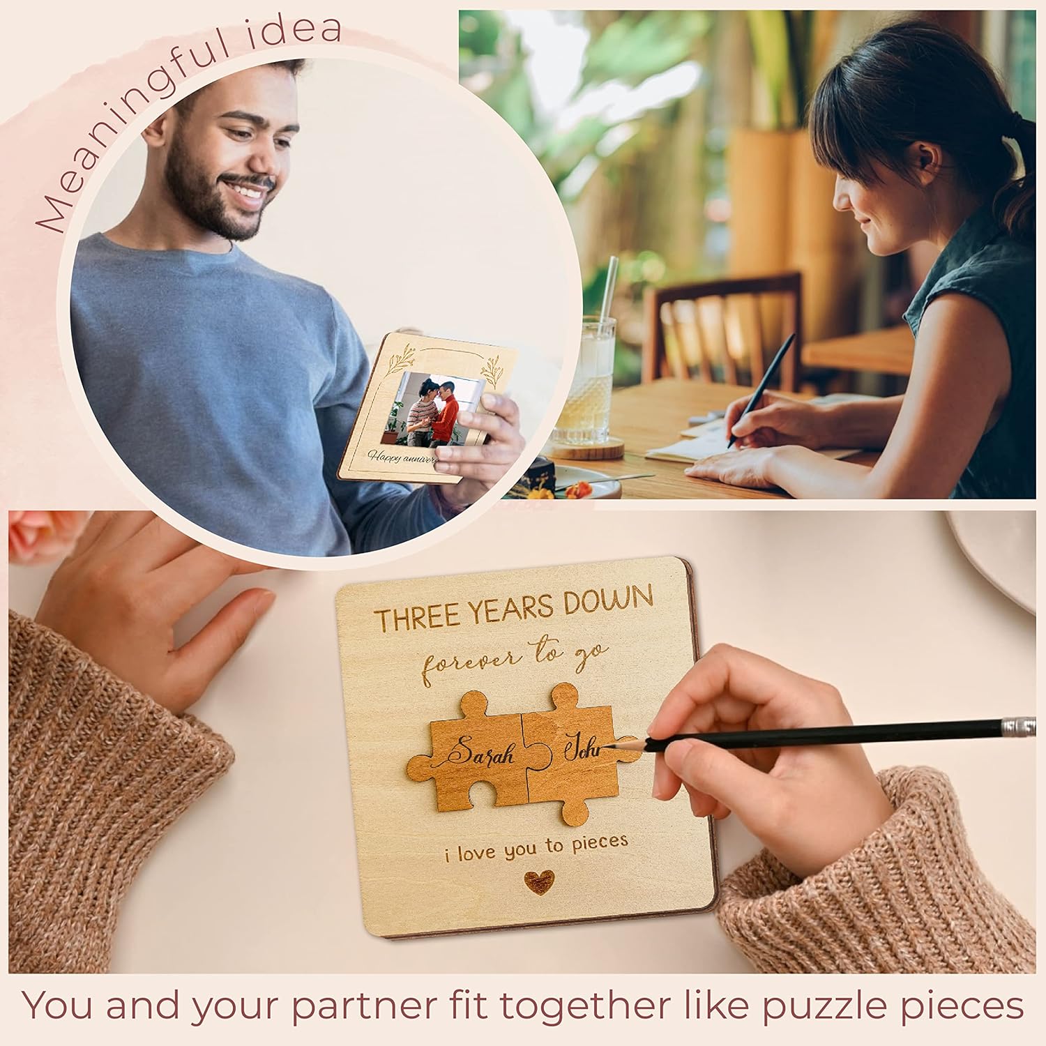 Tarjeta de aniversario de 3 años de regalo para él y ella, tarjeta de aniversario de tercer aniversario de boda, regalo de madera para marido y