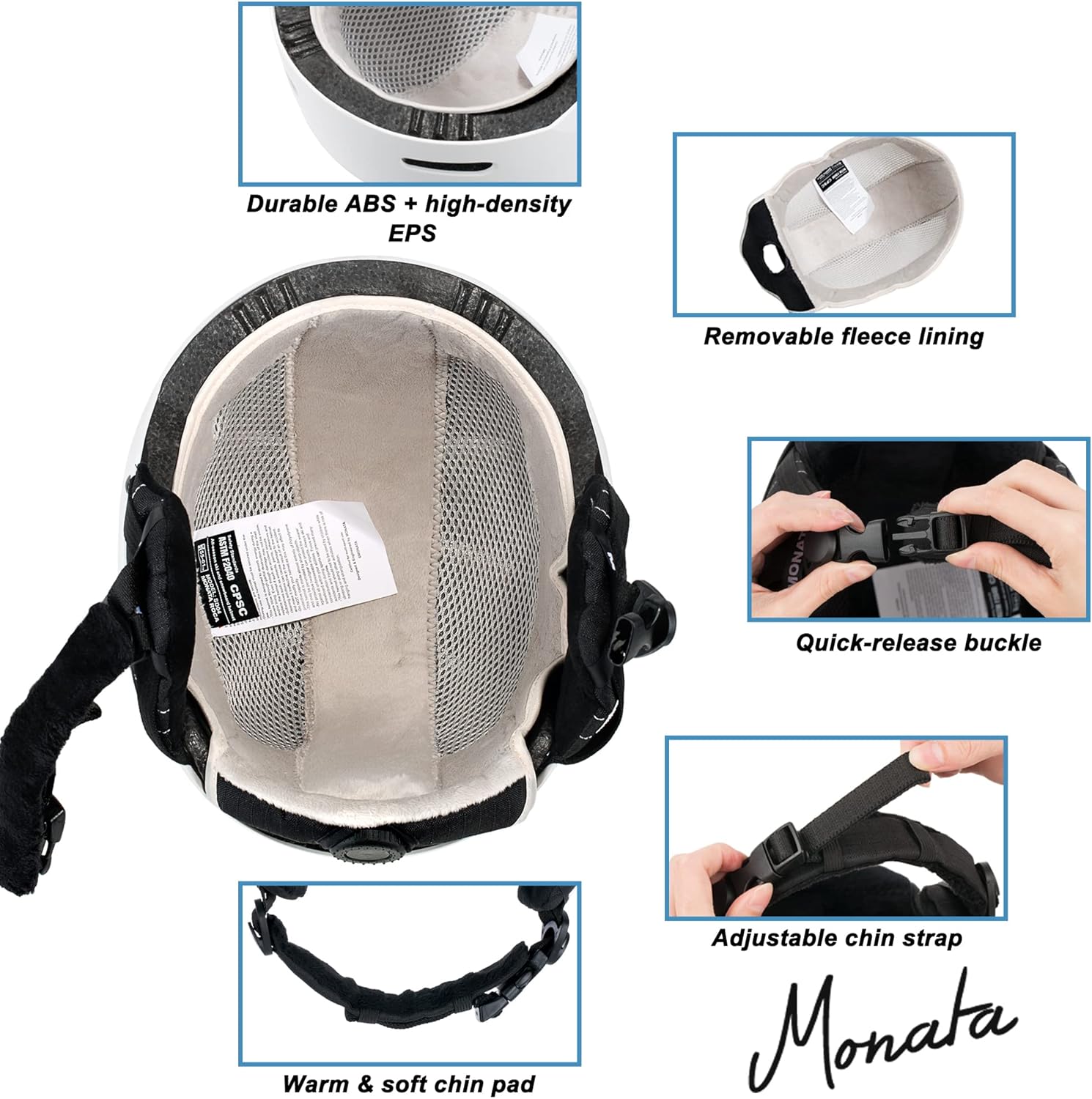 MONATA Casco de esquí para snowboard, ajuste de esfera, compatible con gafas, almohadillas para las orejas, cascos de esquí con doble certificación
