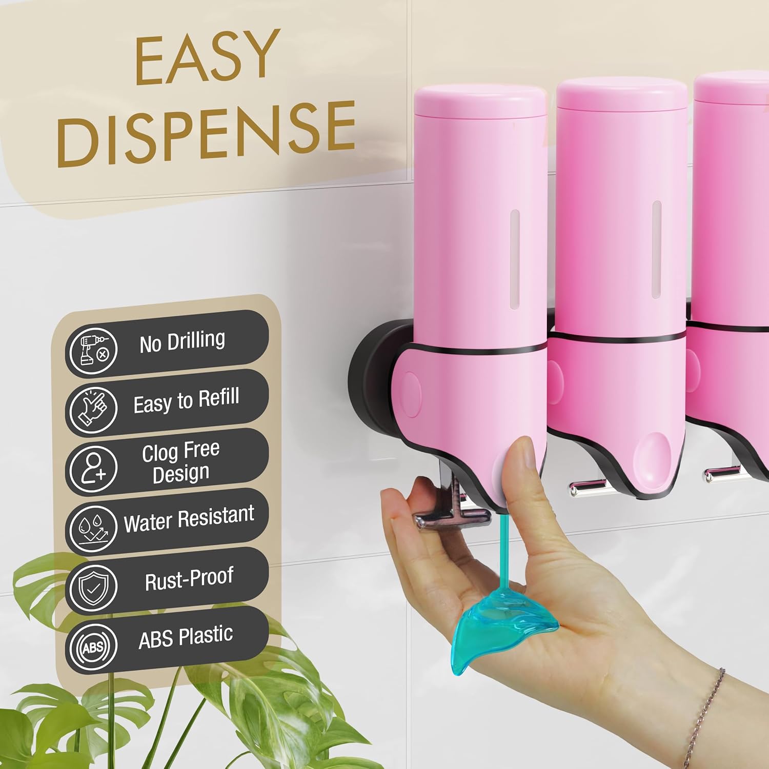 Dispensador de jabón de baño, organizador de ducha, botellas recargables 3 en 1, montaje en pared, sin taladros para el hogar, cocina, hotel, color