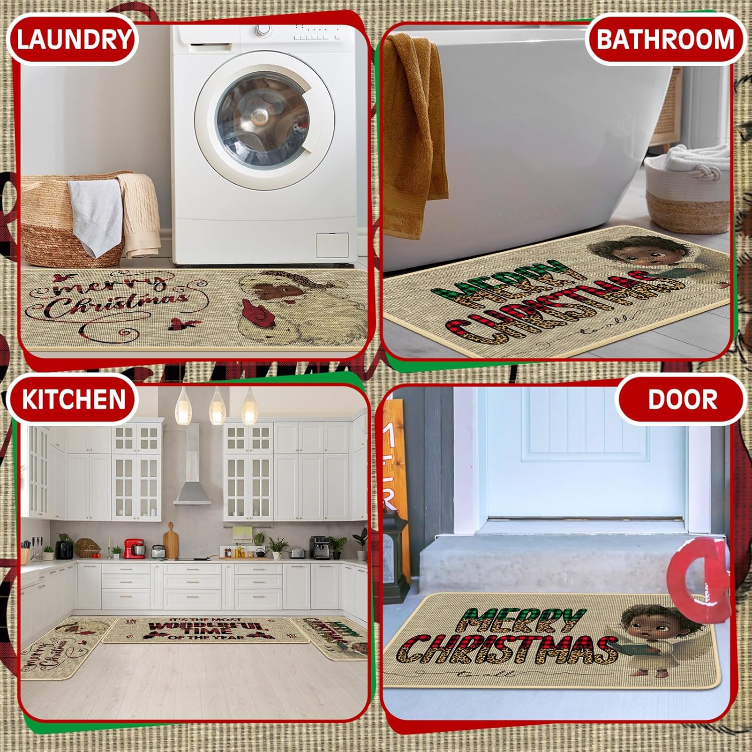 Layhit Juego de 3 alfombras de cocina de Navidad, Papá Noel, afroamericano, Papá Noel, tapete de cocina de Papá Noel afroamericano, Feliz Navidad,