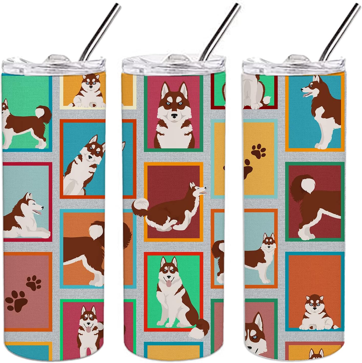 Caroline’s Treasures MLM1160TBL20 – Lots of Red Siberian Husky – Vaso delgado de acero inoxidable de 20 onzas, vaso térmico reutilizable de doble