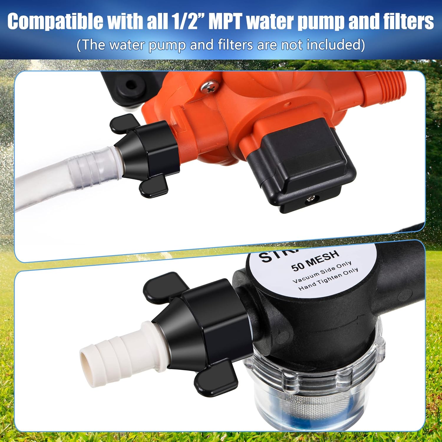 Dreyoo Codo de púas de 12 pulgada x 14 NPT x 12 pulgada y adaptador giratorio recto, accesorios de bomba de agua para RV con cinta de sellado de