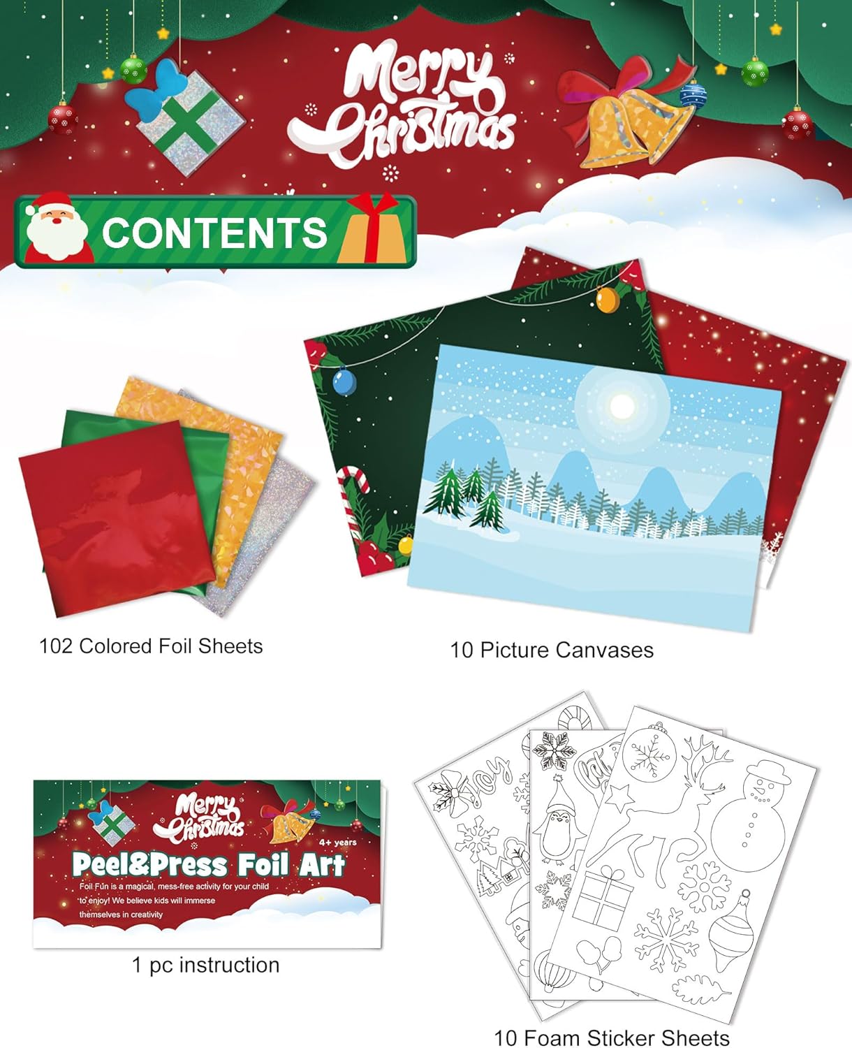 GYGOT Manualidades navideñas para niños, kit de arte divertido de papel de aluminio de Navidad de 4 a 8 años, Navidad, sin ensuciar, actividad