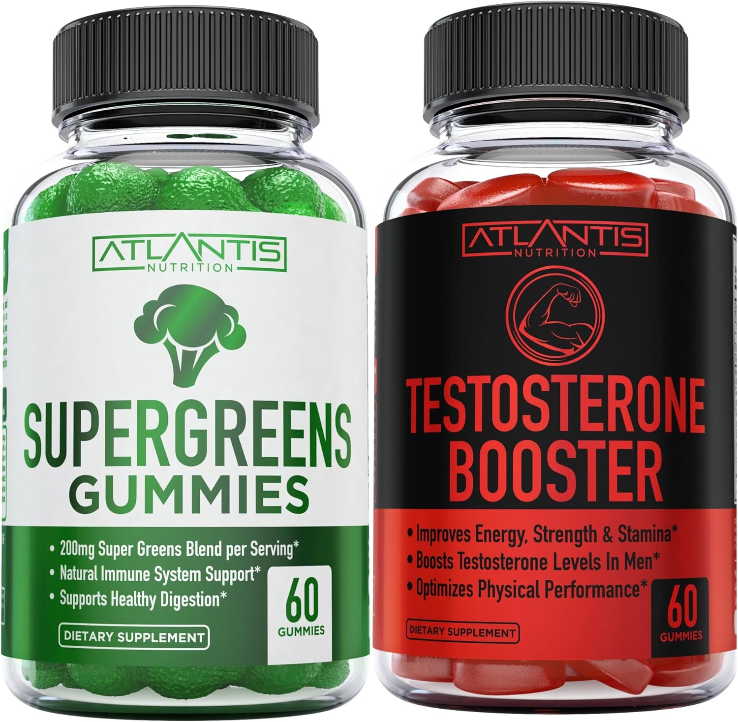 Atlantis Nutrition Supergreens 60 gomitas + refuerzo de testosterona paquete de 2 (120 gomitas)